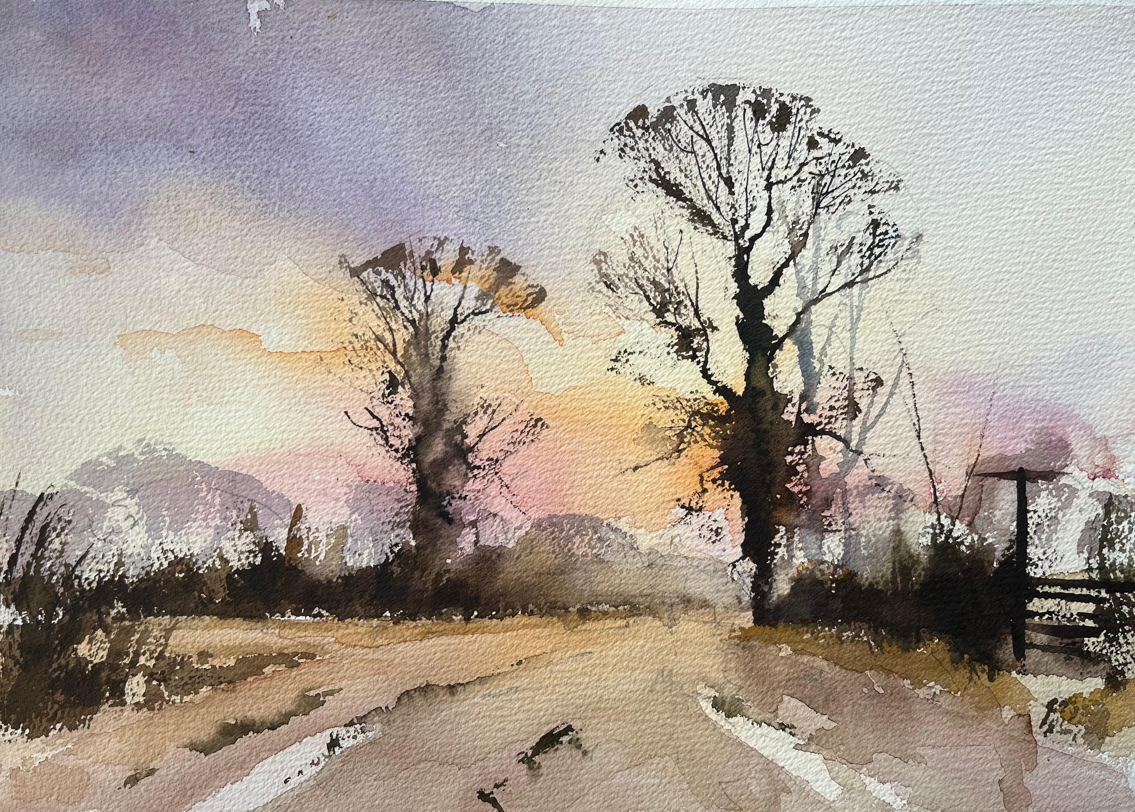 Anthony Avery Landscape Painting - British Impressionist Watercolor of Winter Sunrise with Silhouetted Trees