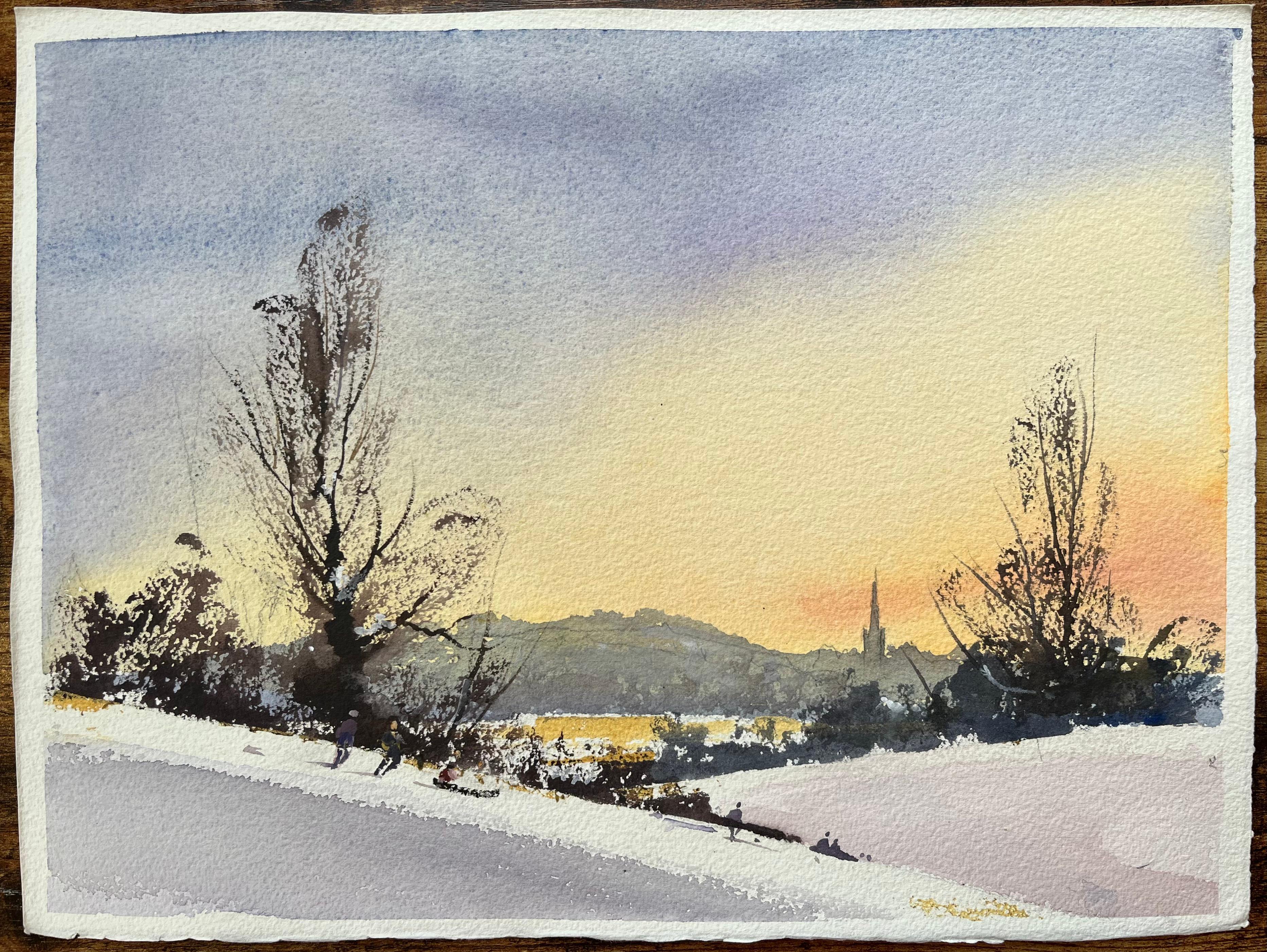 British Impressionist Watercolor of Winter Sunset over Sledging Figures - Painting by Anthony Avery