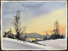 British Impressionist Watercolor of Winter Sunset over Sledging Figures