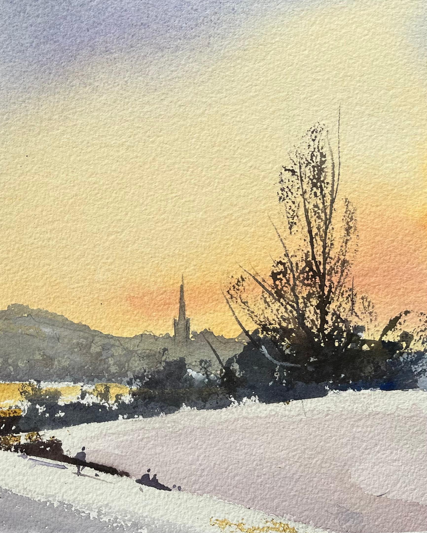 British Impressionist Watercolor of Winter Sunset over Sledging Figures - Gray Landscape Painting by Anthony Avery