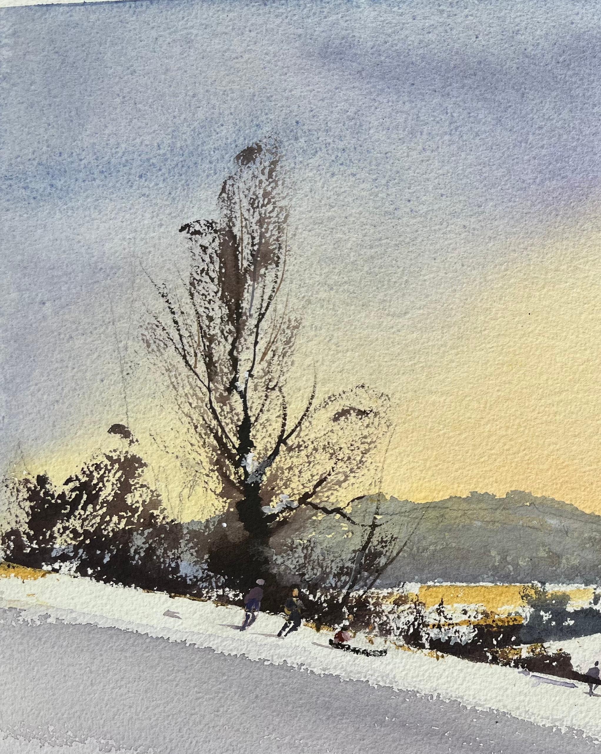 Title: British Impressionist Watercolor of Winter Sunset over Sledging Figures
By Anthony Avery (British 1946-2023)
Original watercolor on artists paper, unframed
Dimensions: 11.25 x 15.25 inches (Height x Width)
Condition: Good, with some minor