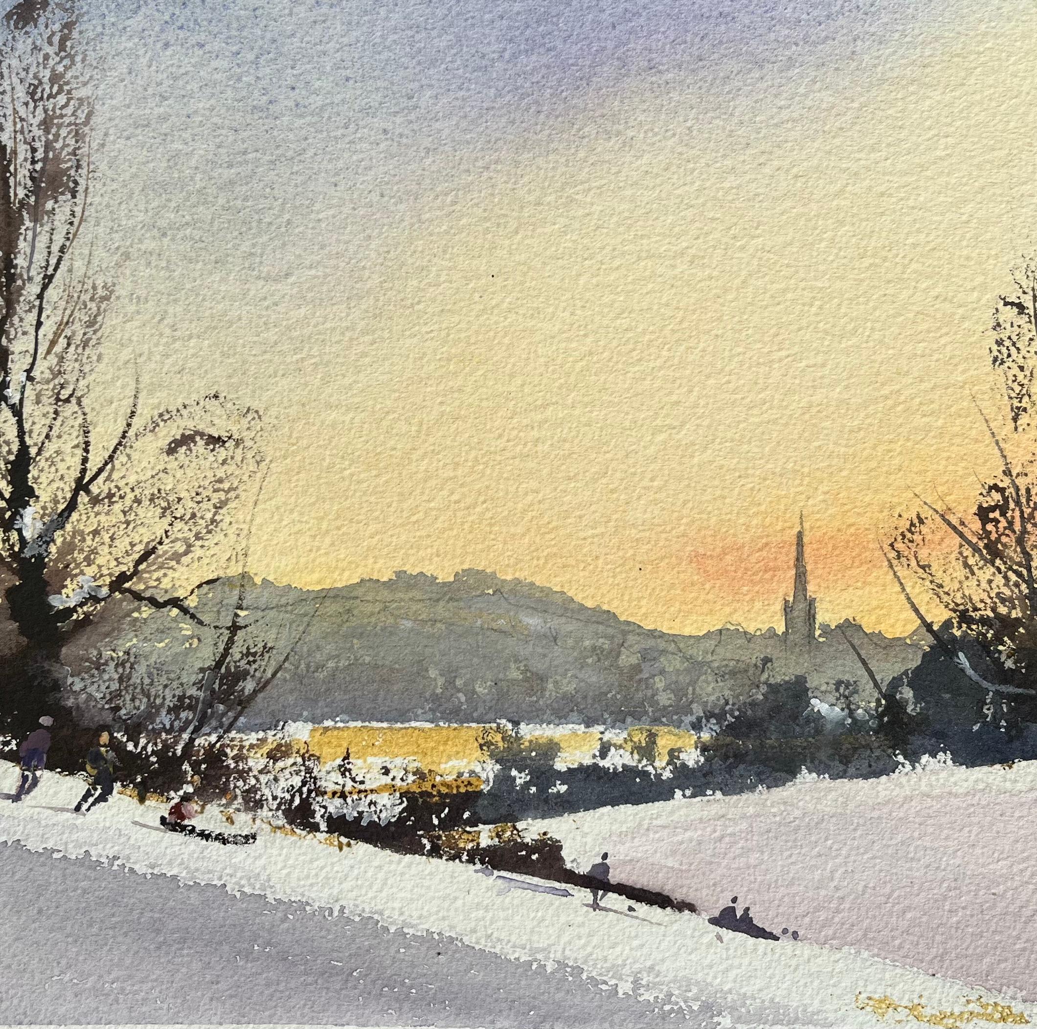 British Impressionist Watercolor of Winter Sunset over Sledging Figures For Sale 1