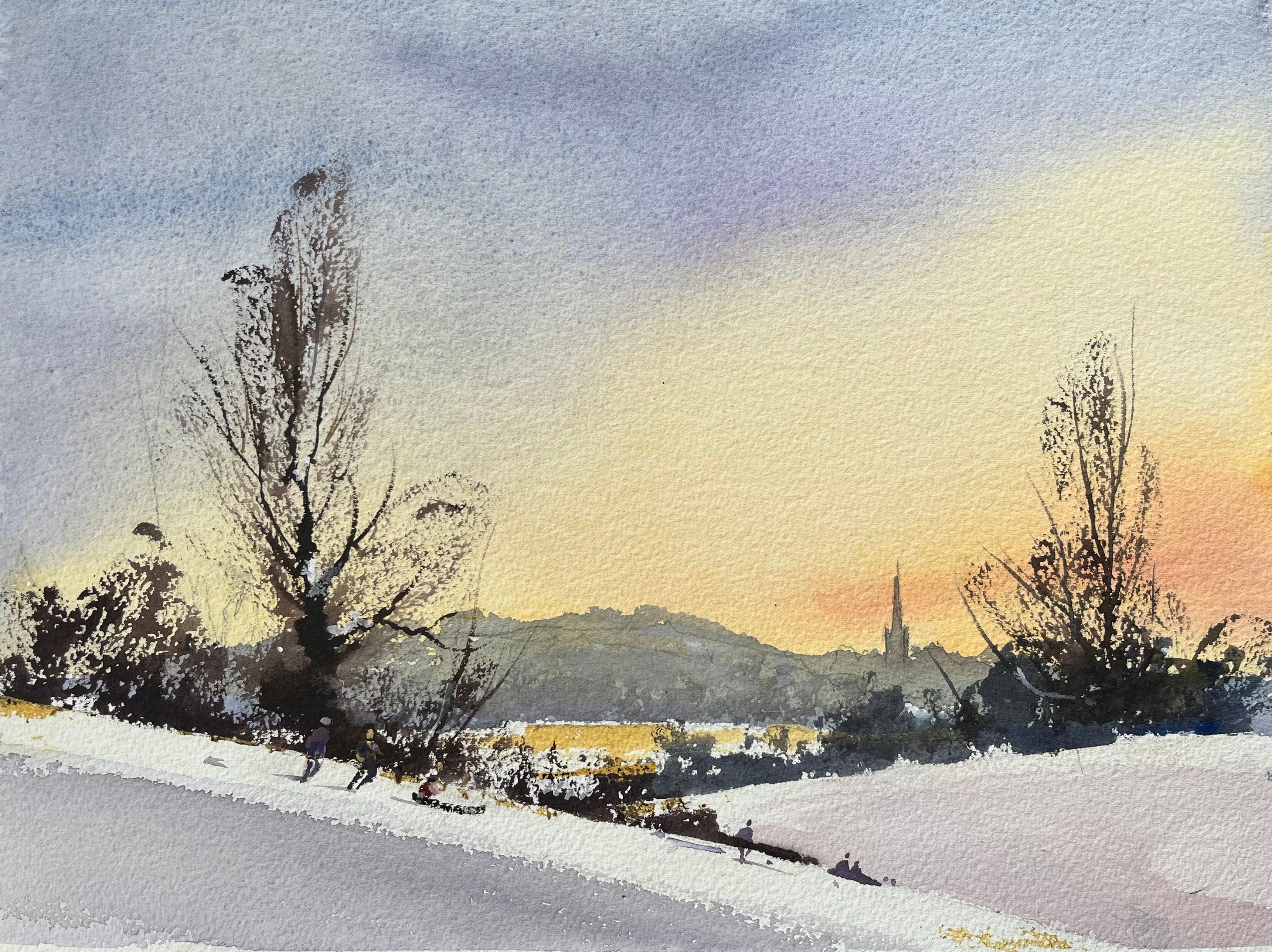 Aquarelle impressionniste britannique représentant un coucher de soleil hivernal sur des personnages en luge