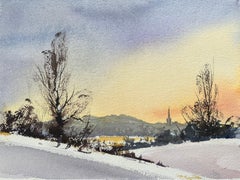 Britischer Impressionist Aquarell von Wintersonnenuntergang über Schlitten fahrenden Figuren