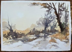 British Impressionist Watercolor of Wintery Woodland Path in Soft Light