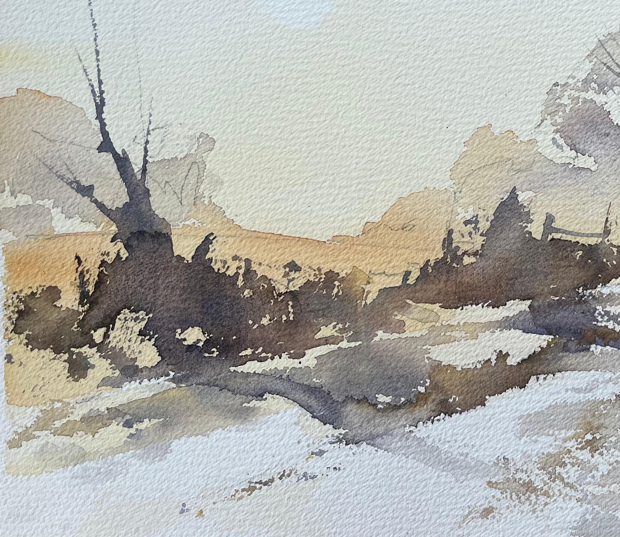 Britischer Impressionist Aquarell von winterlichen Waldweg in weichem Licht (Impressionismus), Painting, von Anthony Avery