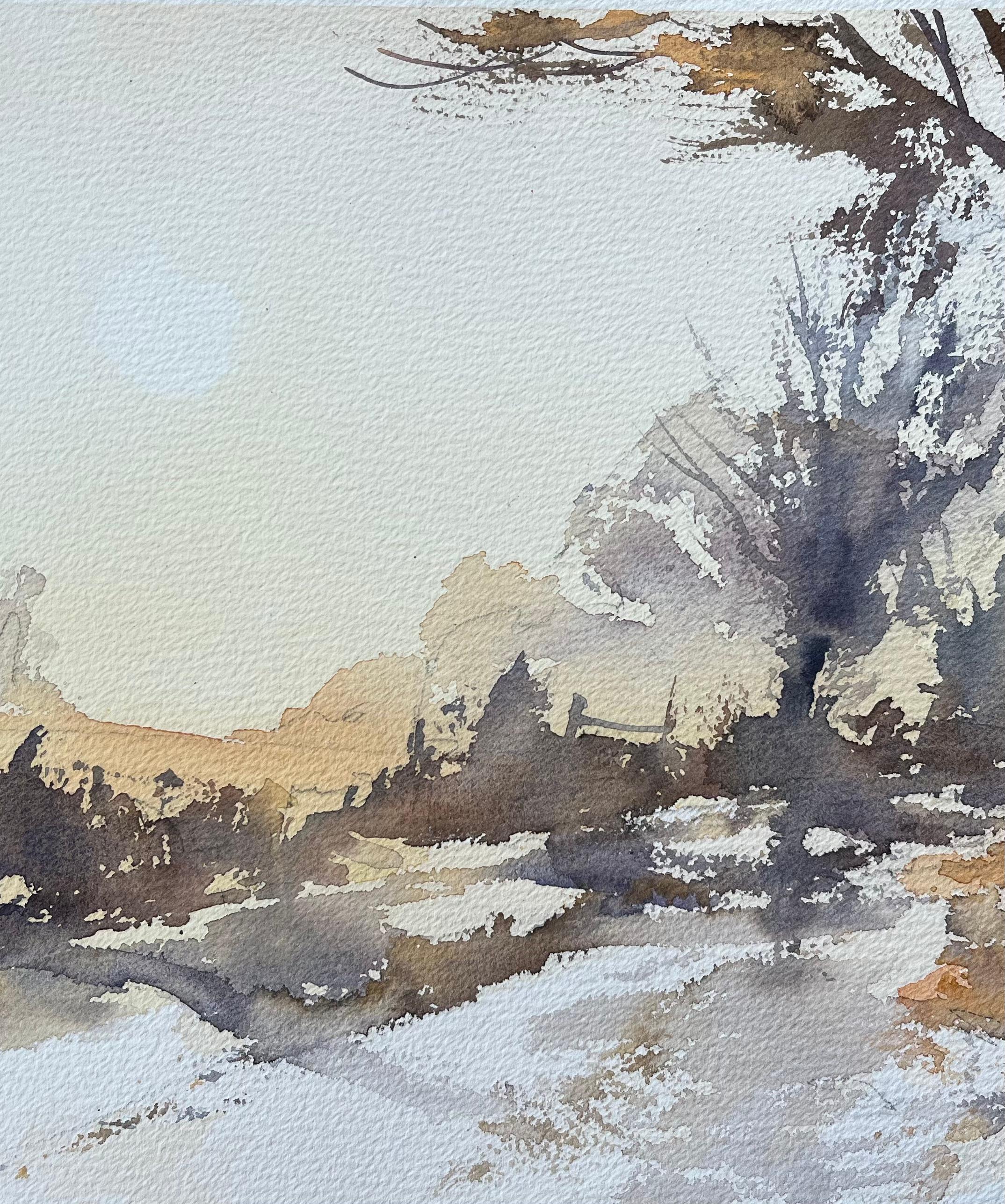 Britischer Impressionist Aquarell von winterlichen Waldweg in weichem Licht im Angebot 1