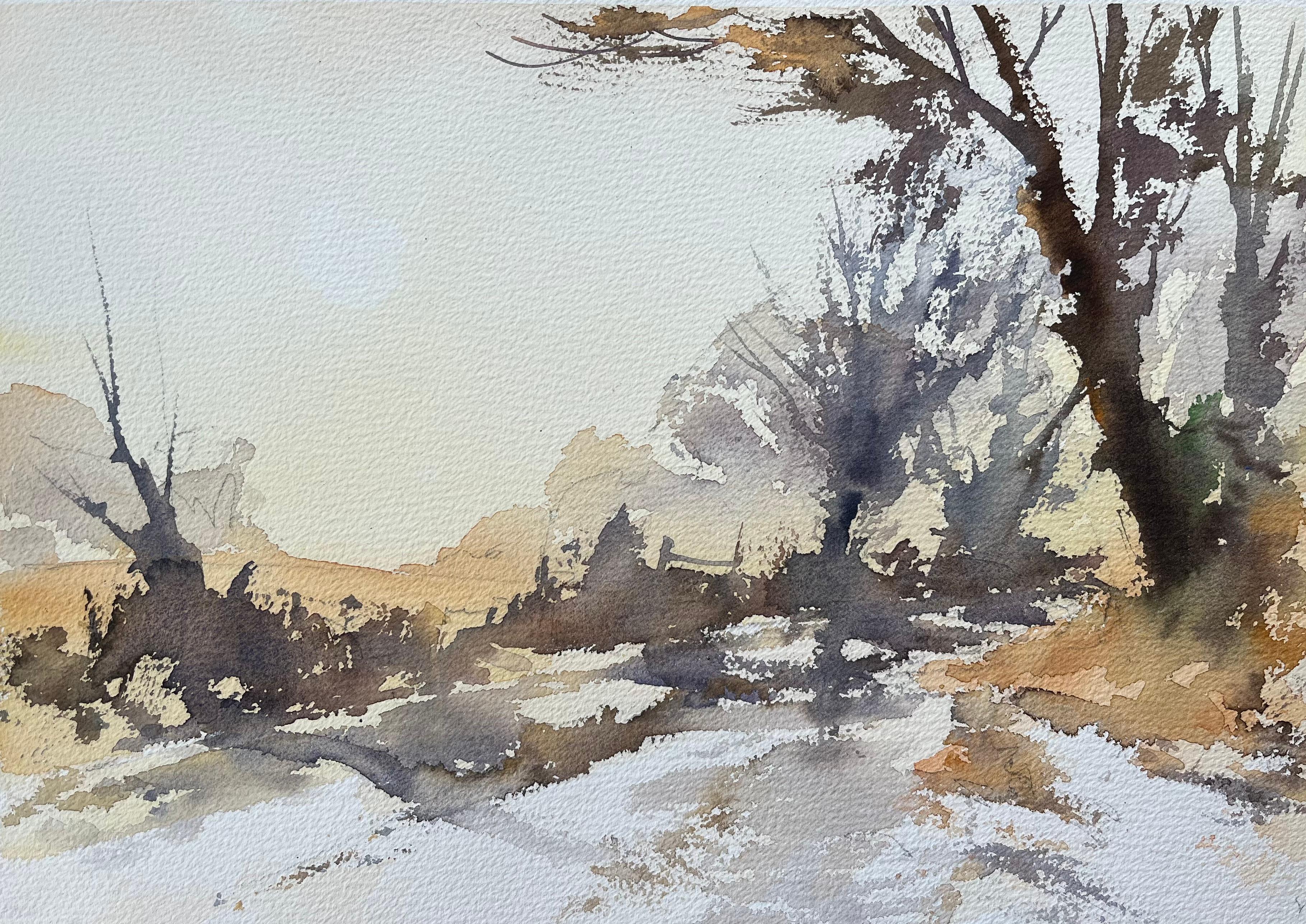 Britischer Impressionist Aquarell von winterlichen Waldweg in weichem Licht