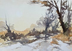 Britischer Impressionist Aquarell von winterlichen Waldweg in weichem Licht