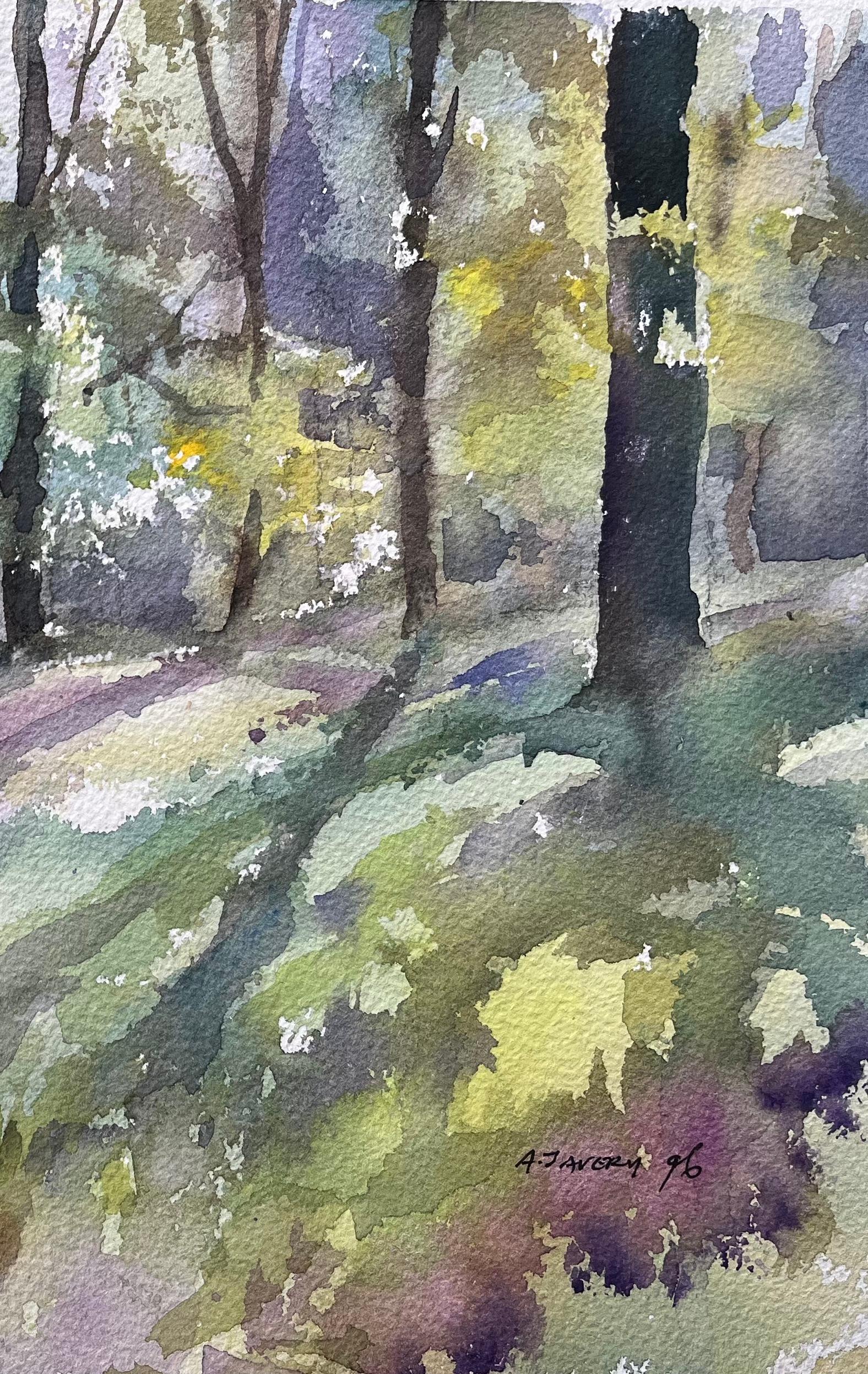 British Impressionist Watercolor of Woodland Light and Shadows - Gray Landscape Painting by Anthony Avery