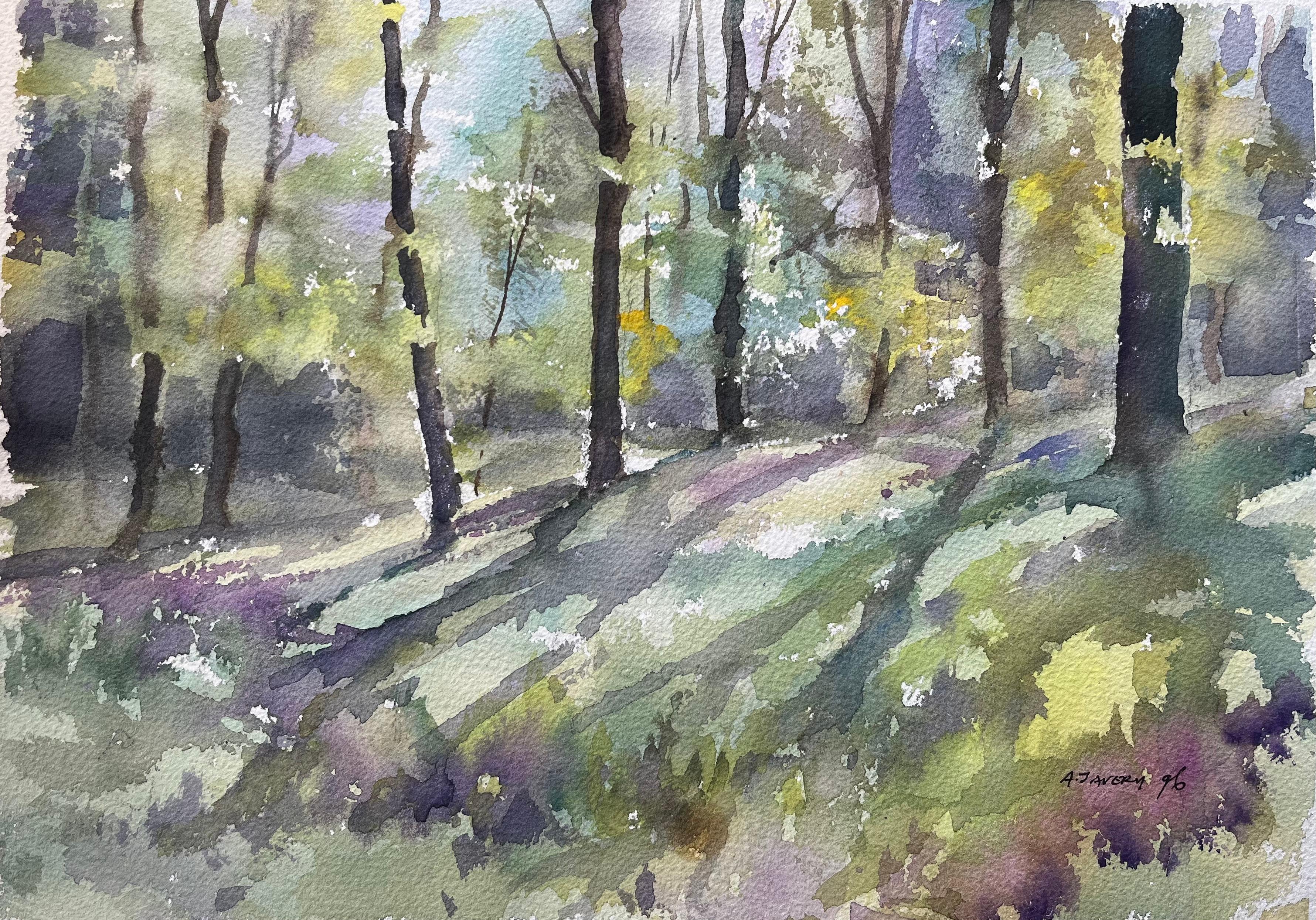 Aquarelle impressionniste britannique de Woodland Light and Shadows