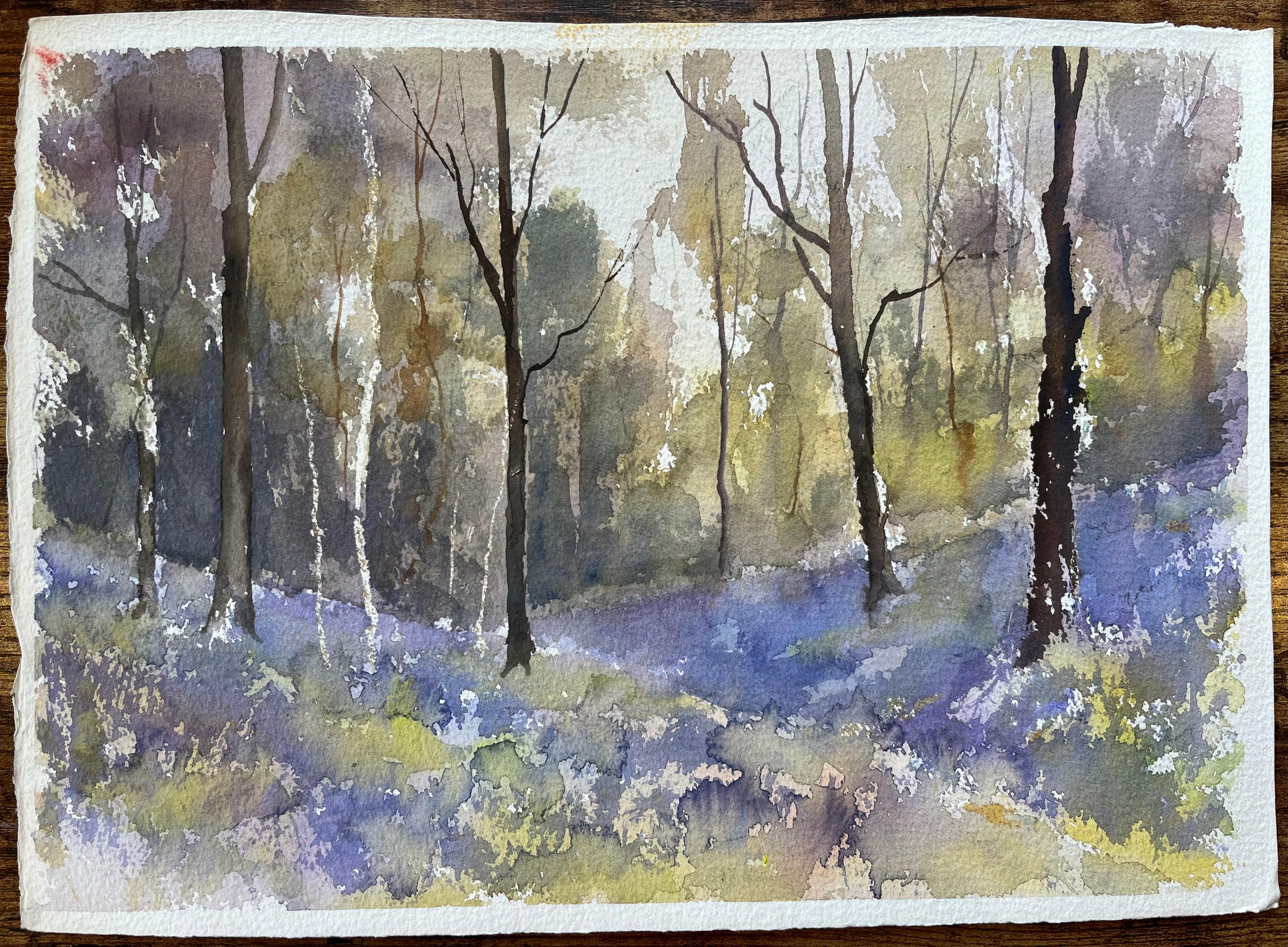 Acuarela impresionista británica de bosque de campanillas a la luz de la mañana - Painting de Anthony Avery