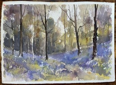 Britisches impressionistisches Aquarell des britischen Impressionismus, Wald von Blaubellen im Morgenlicht