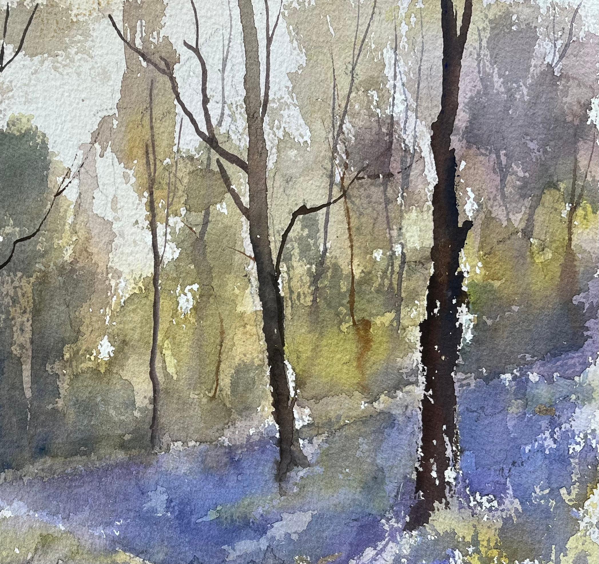 Acuarela impresionista británica de bosque de campanillas a la luz de la mañana - Painting Impresionista de Anthony Avery