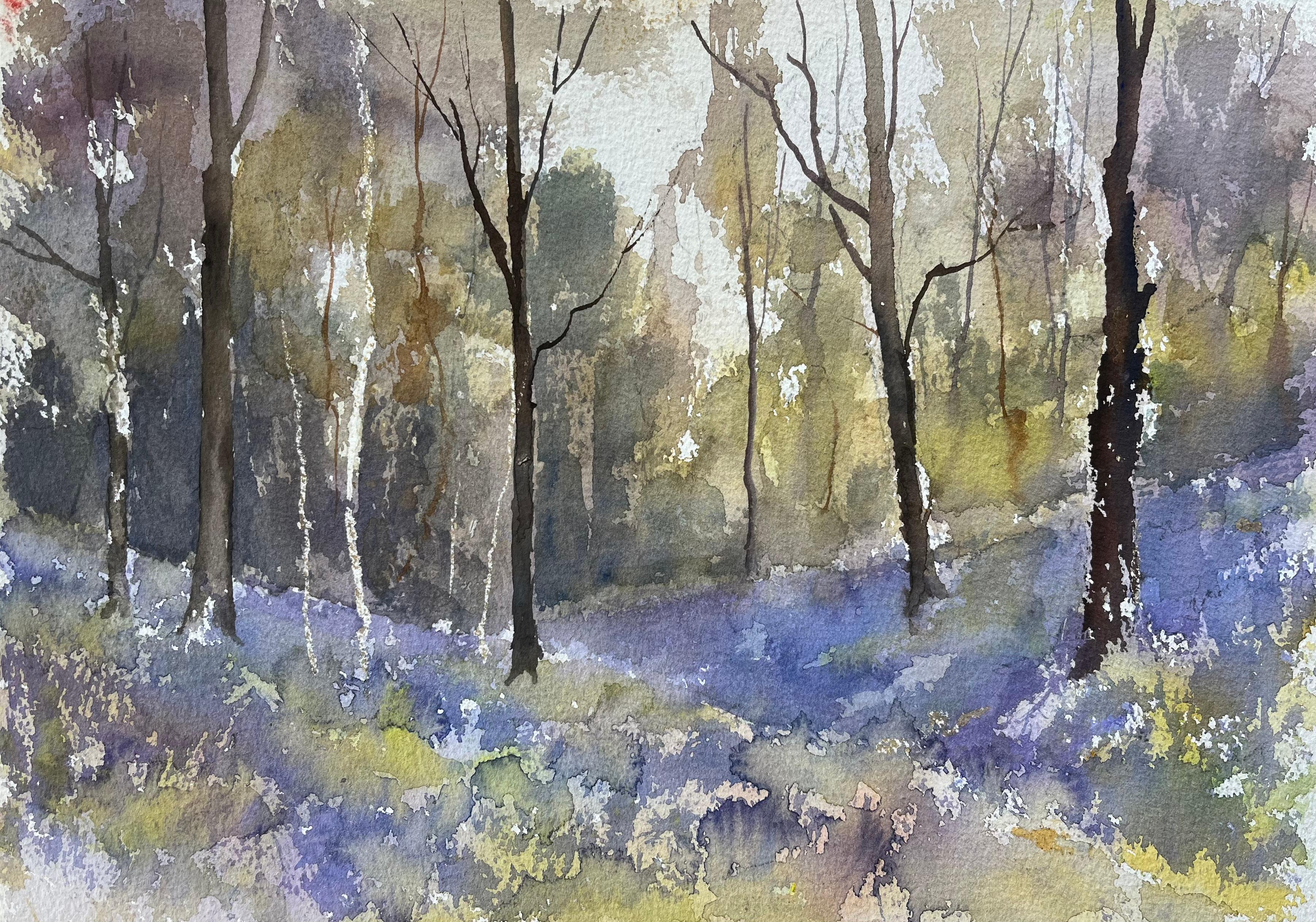 Landscape Painting de Anthony Avery - Acuarela impresionista británica de bosque de campanillas a la luz de la mañana