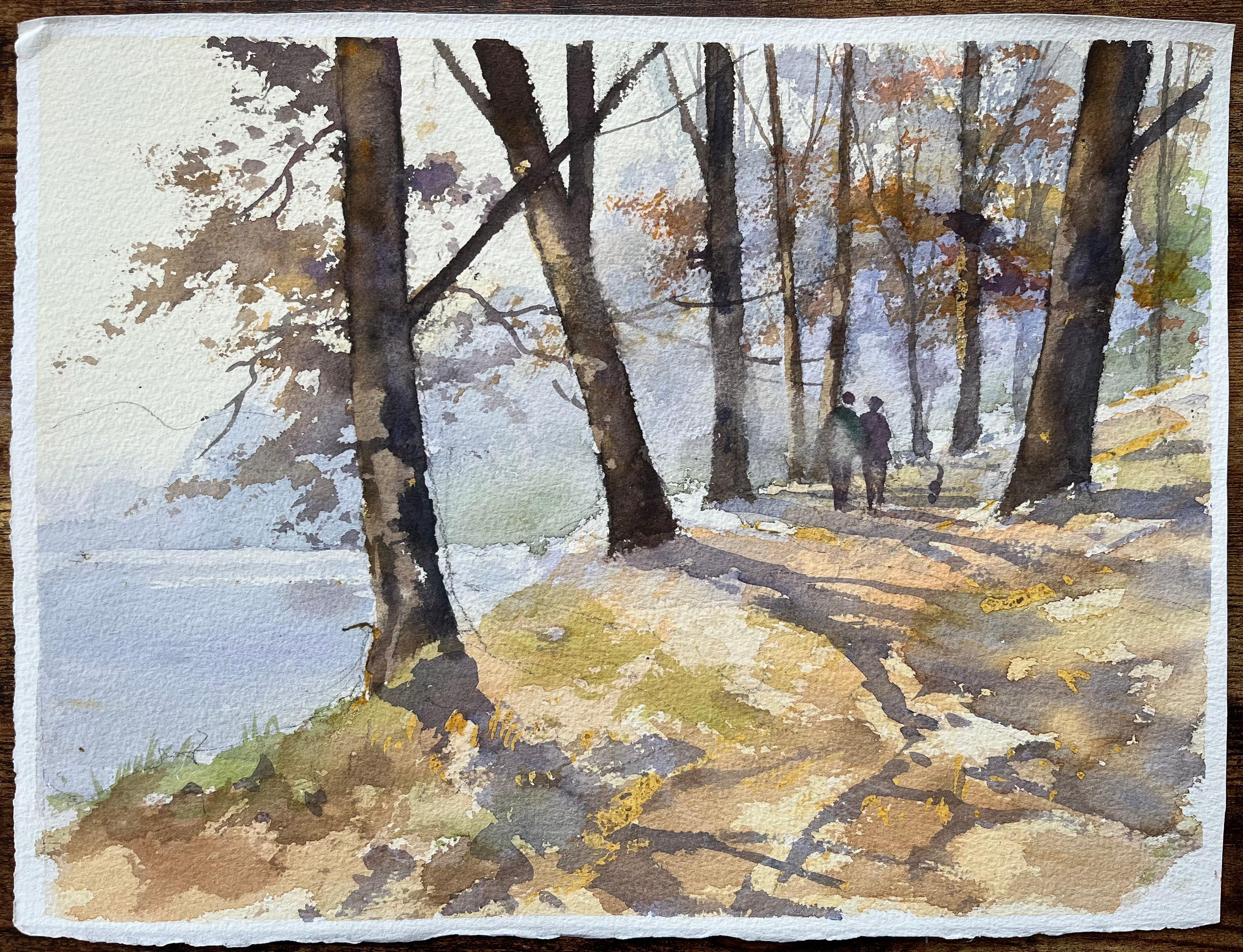 Acuarela impresionista británica de sendero boscoso con figuras y perro - Painting de Anthony Avery