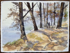 British Impressionist Watercolor of Woodland Path with Figures and Dog