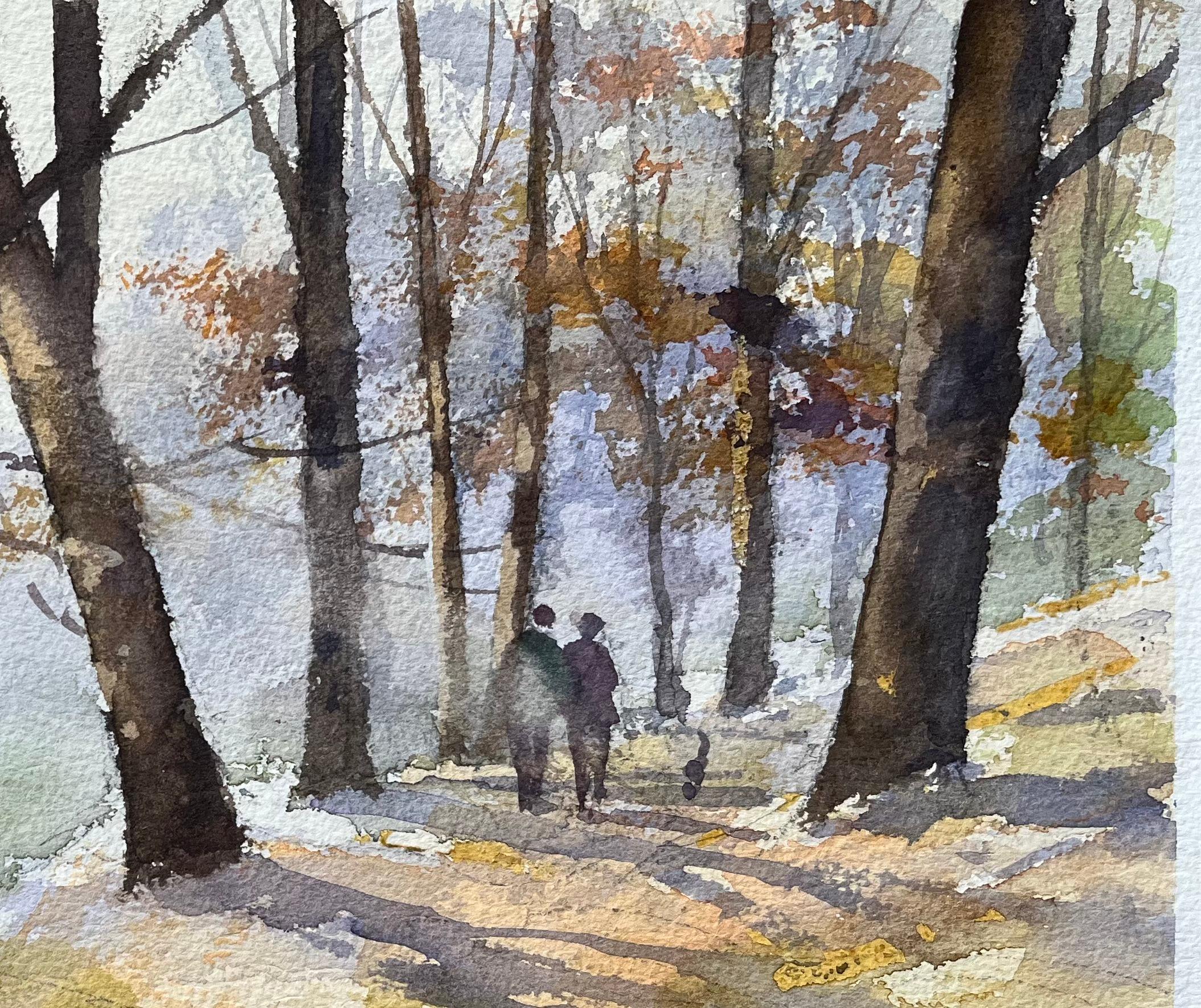 Acuarela impresionista británica de sendero boscoso con figuras y perro - Landscape Painting Gris de Anthony Avery