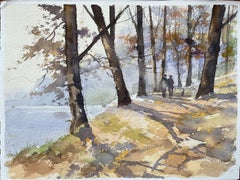 Britisches impressionistisches Aquarell des britischen Impressionismus von Holzpfade mit Figuren und Hund