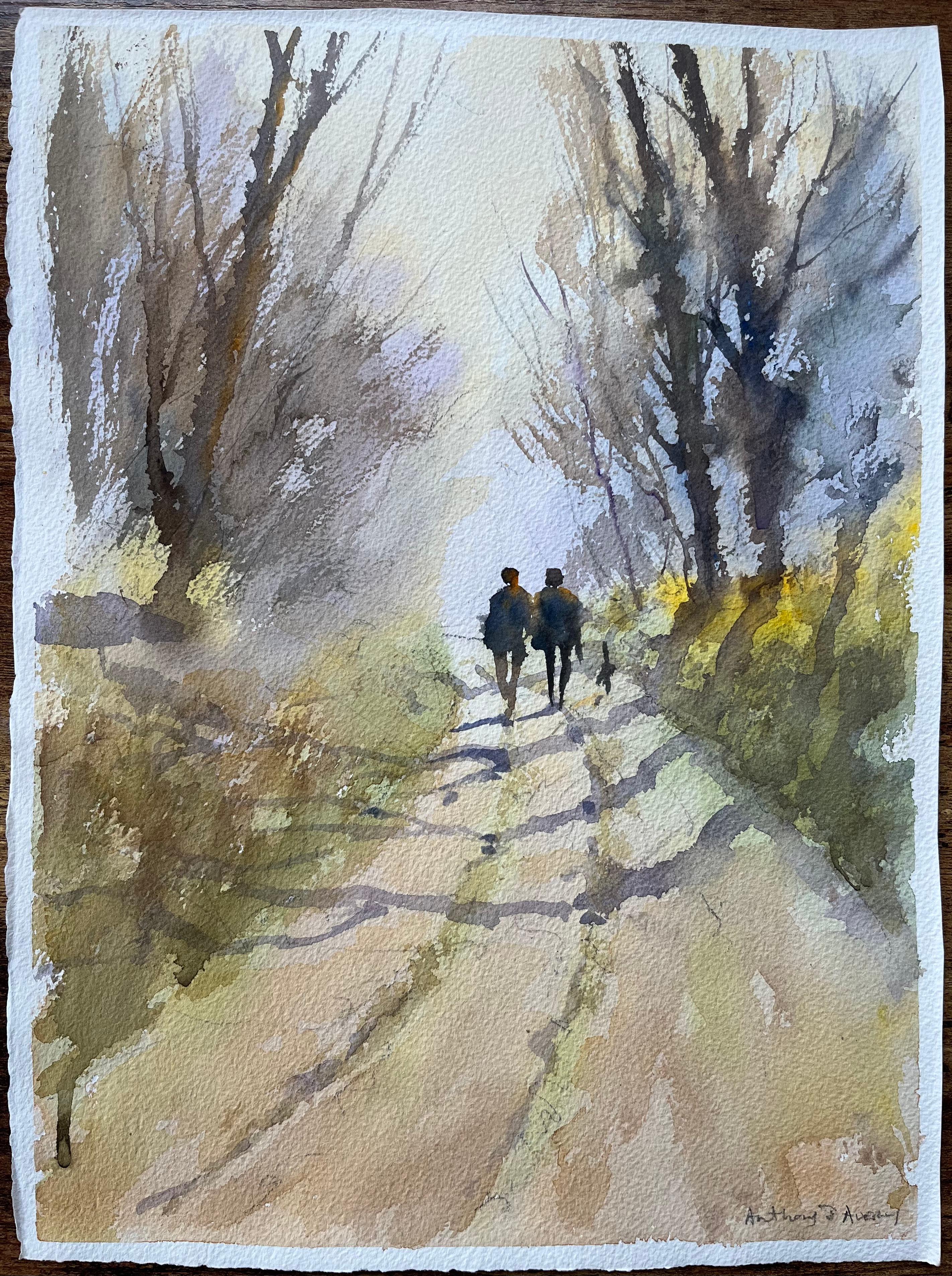 Aquarelle impressionniste britannique d'une promenade dans un bois avec des personnages et un chien - Painting de Anthony Avery