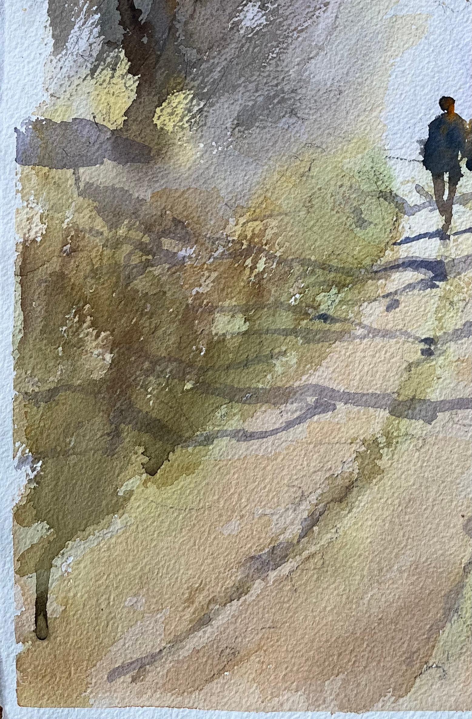 Aquarelle impressionniste britannique d'une promenade dans un bois avec des personnages et un chien - Gris Landscape Painting par Anthony Avery