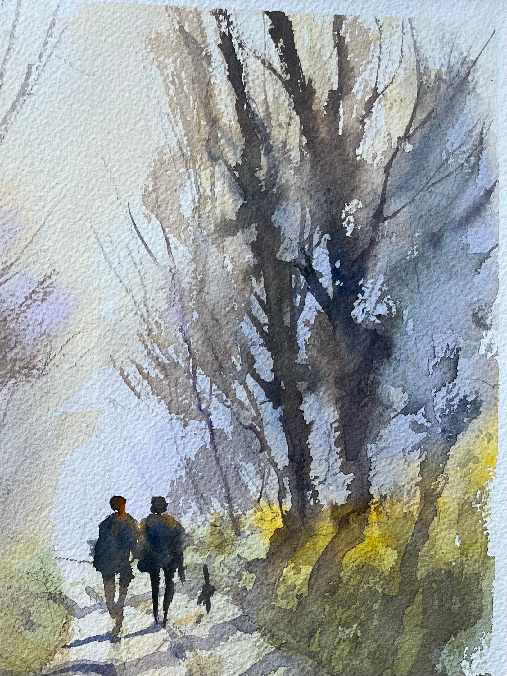 Aquarelle impressionniste britannique d'une promenade dans un bois avec des personnages et un chien en vente 1