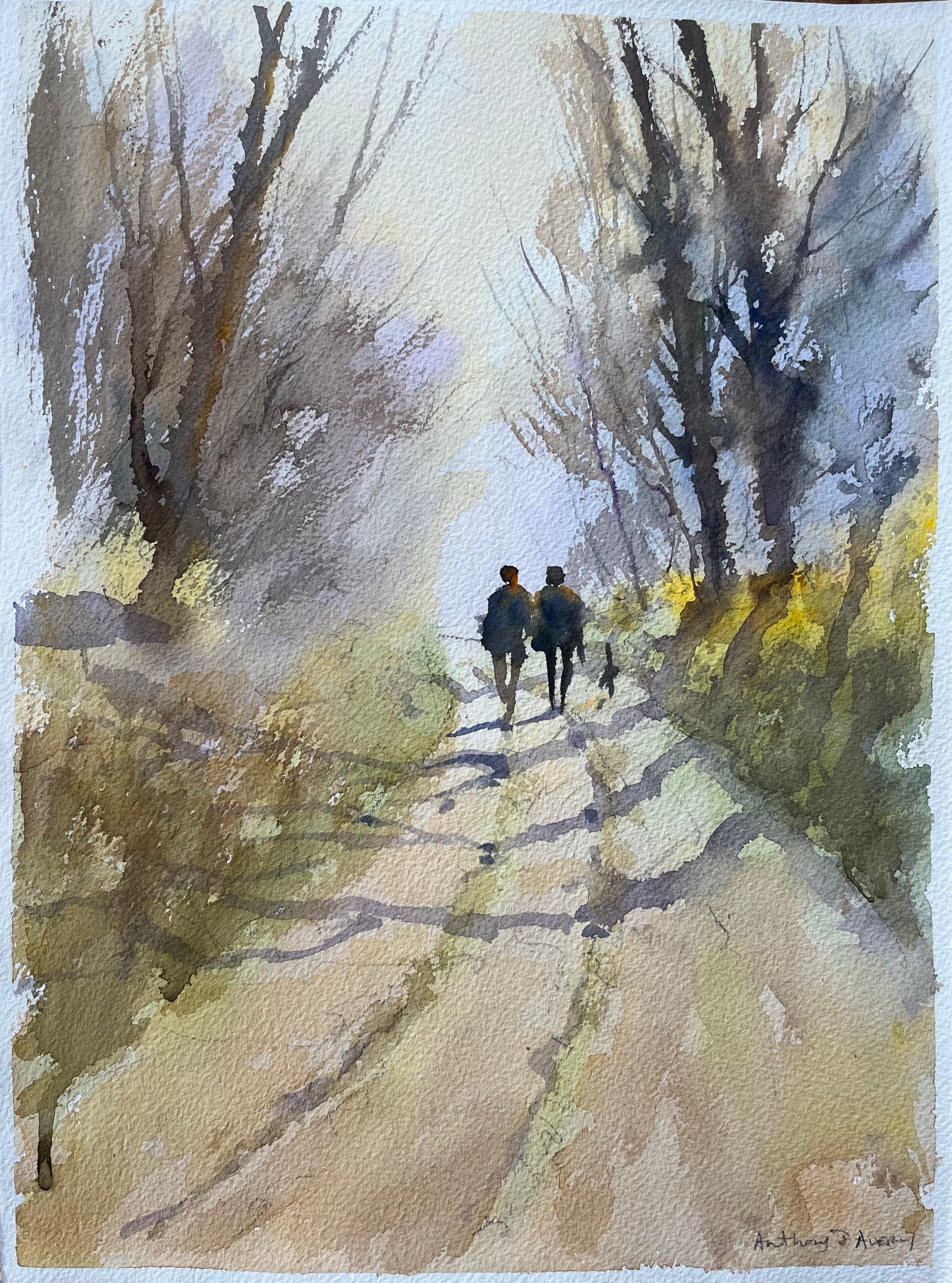 Aquarelle impressionniste britannique d'une promenade dans un bois avec des personnages et un chien