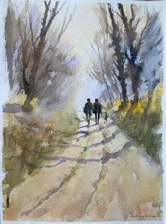 Britischer Impressionist Aquarell von Waldspaziergang mit Figuren und Hund