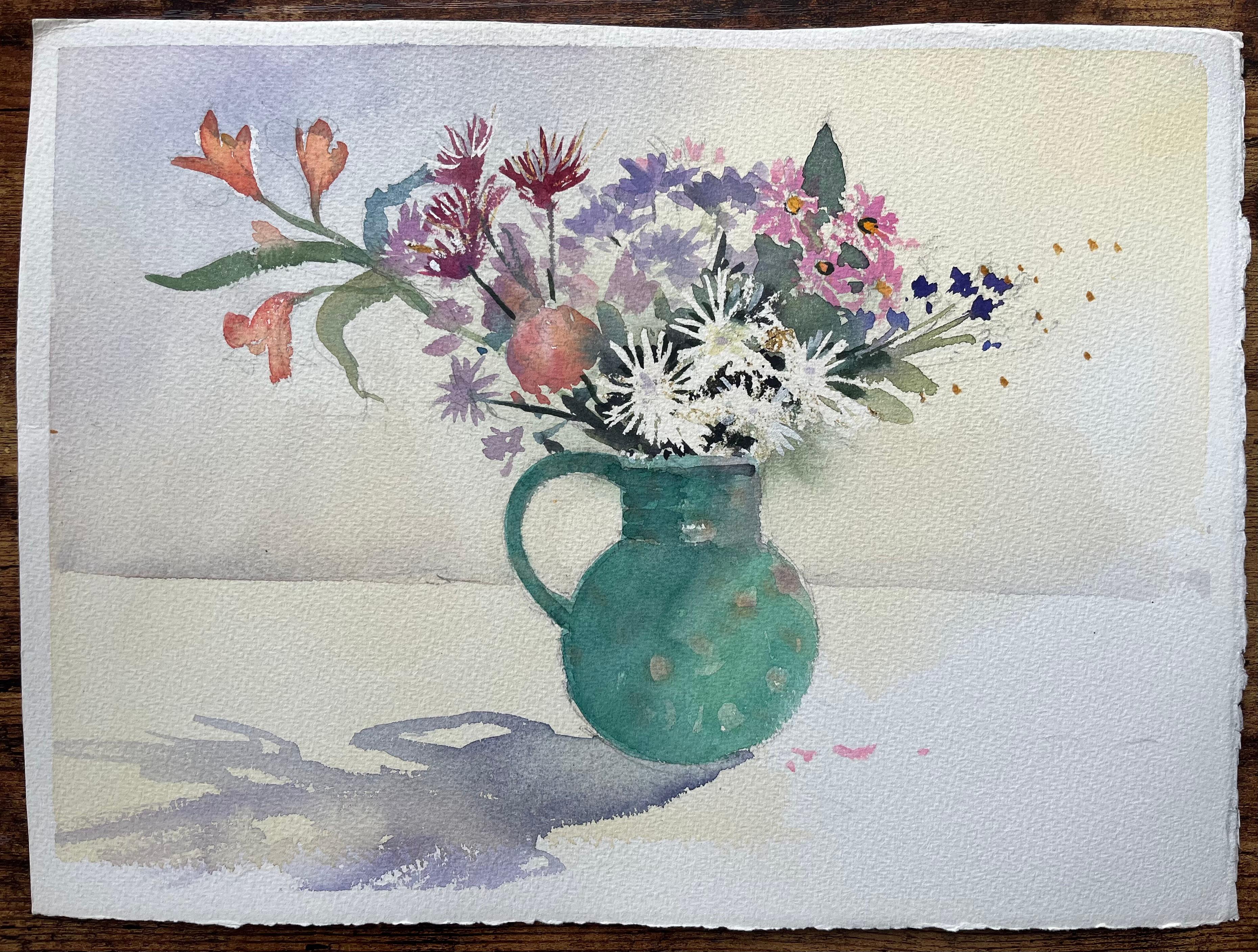 British Impressionist Watercolor Still Life of Floral Arrangement in Green Jug - Painting by Anthony Avery
