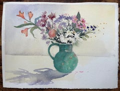 British Impressionist Watercolor Still Life of Floral Arrangement in Green Jug