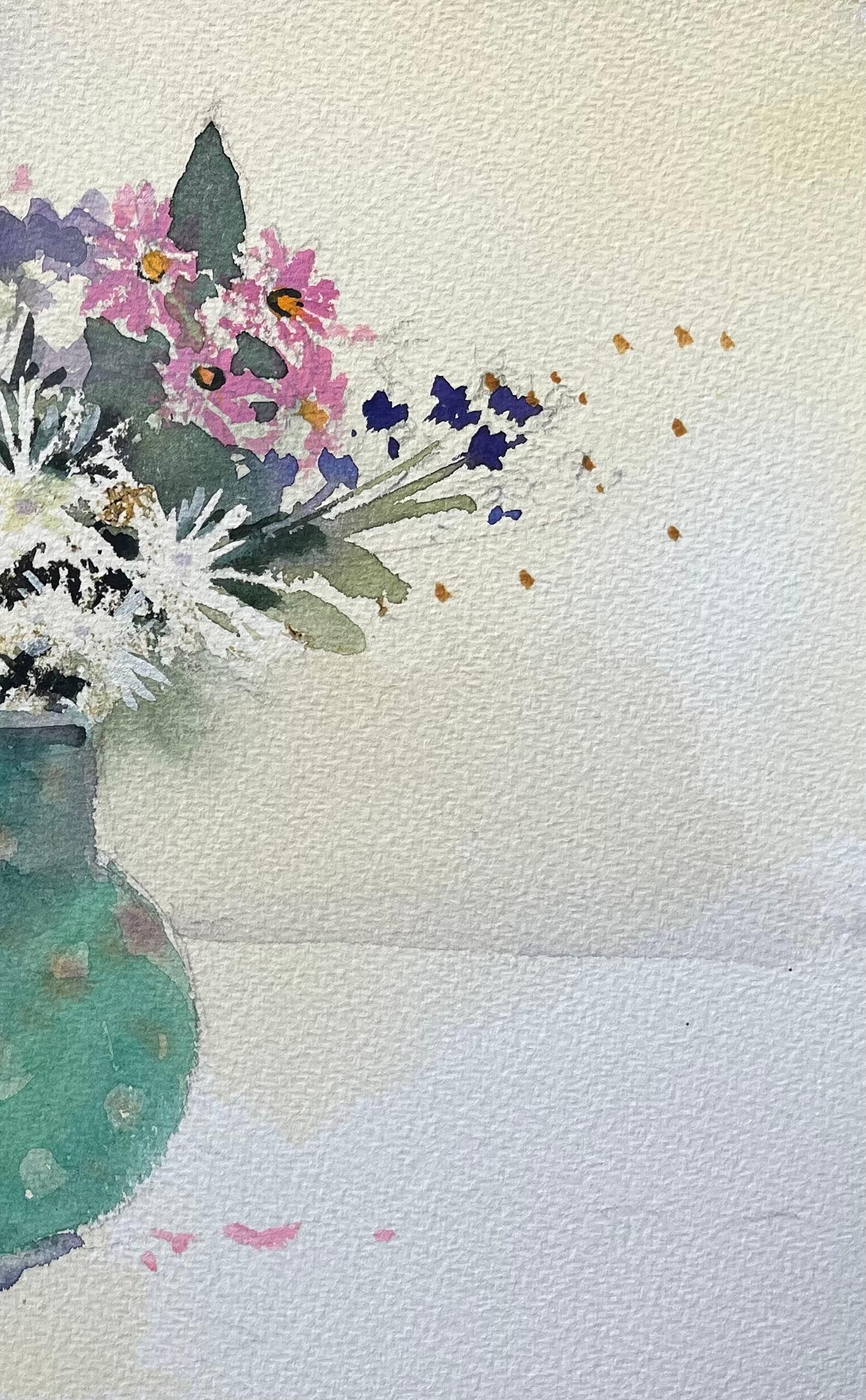 British Impressionist Watercolor Still Life of Floral Arrangement in Green Jug - Gray Landscape Painting by Anthony Avery