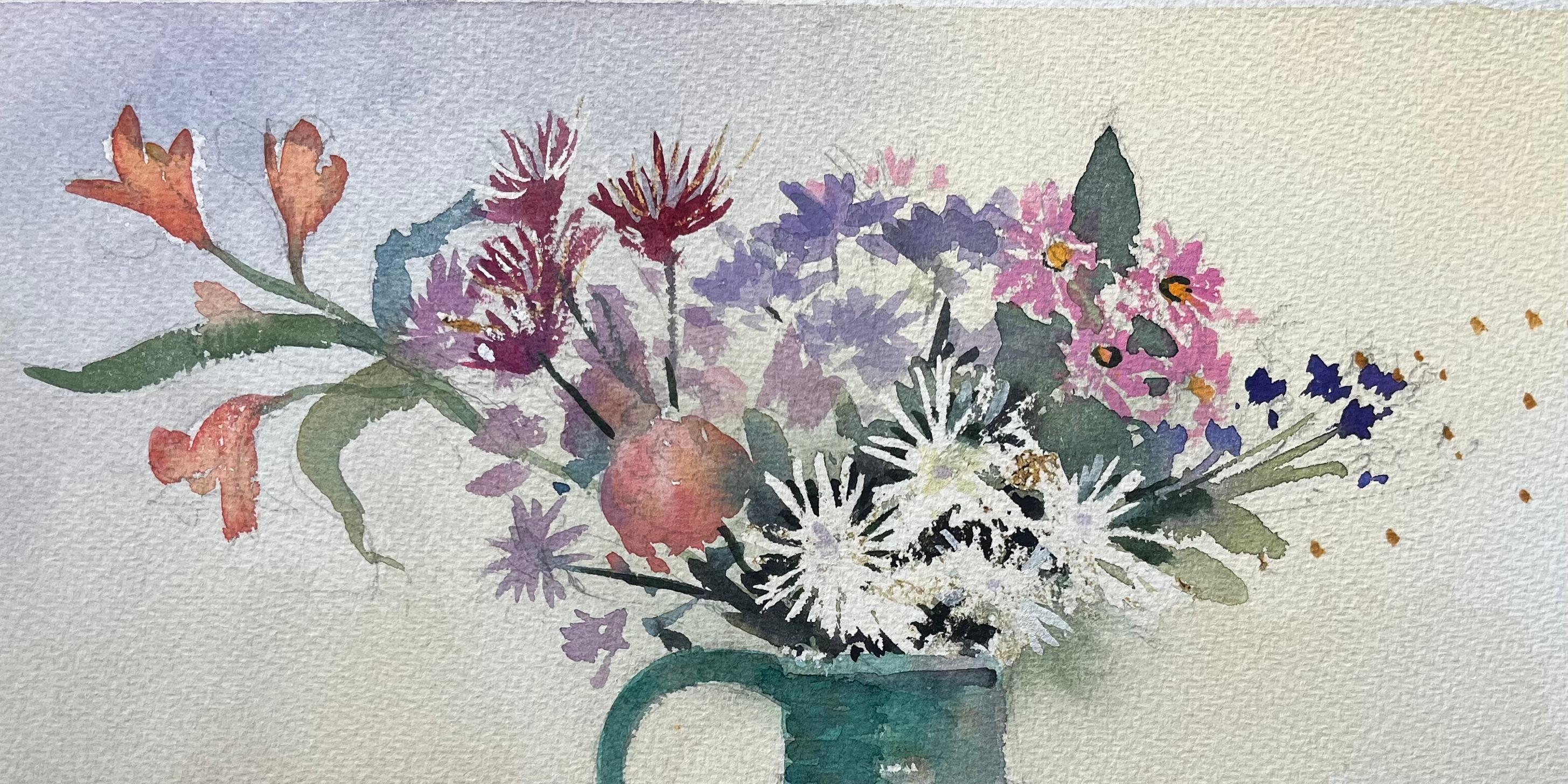 Title: British Impressionist Watercolor Still Life of Floral Arrangement in Green Jug
by Anthony Avery (British 1946-2023)
Original watercolor on artists paper, unframed
Dimensions: 11.25 x 15.25 inches (Height x Width)
Condition: Good 
Provenance: