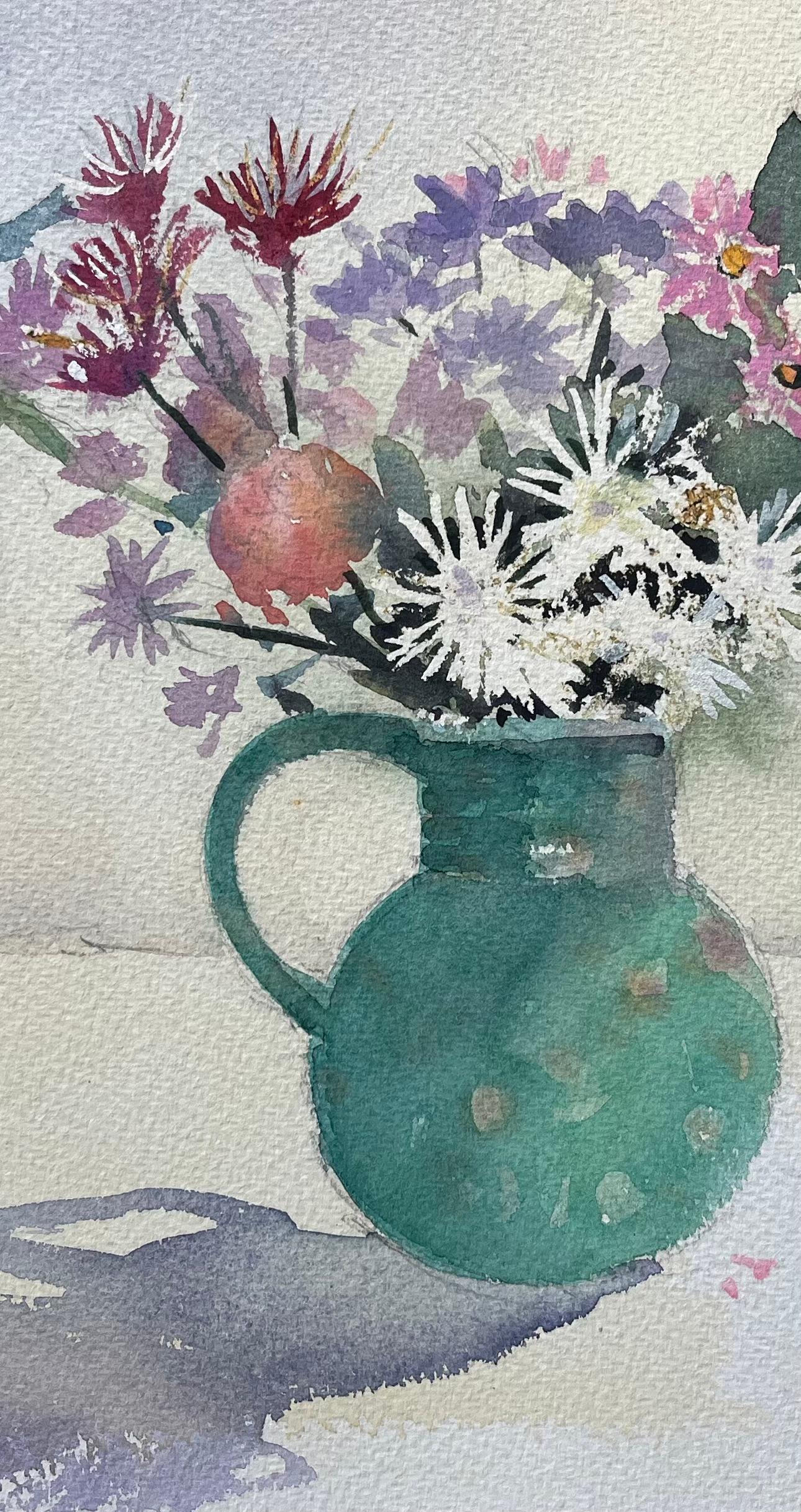 British Impressionist Watercolor Still Life of Floral Arrangement in Green Jug For Sale 1