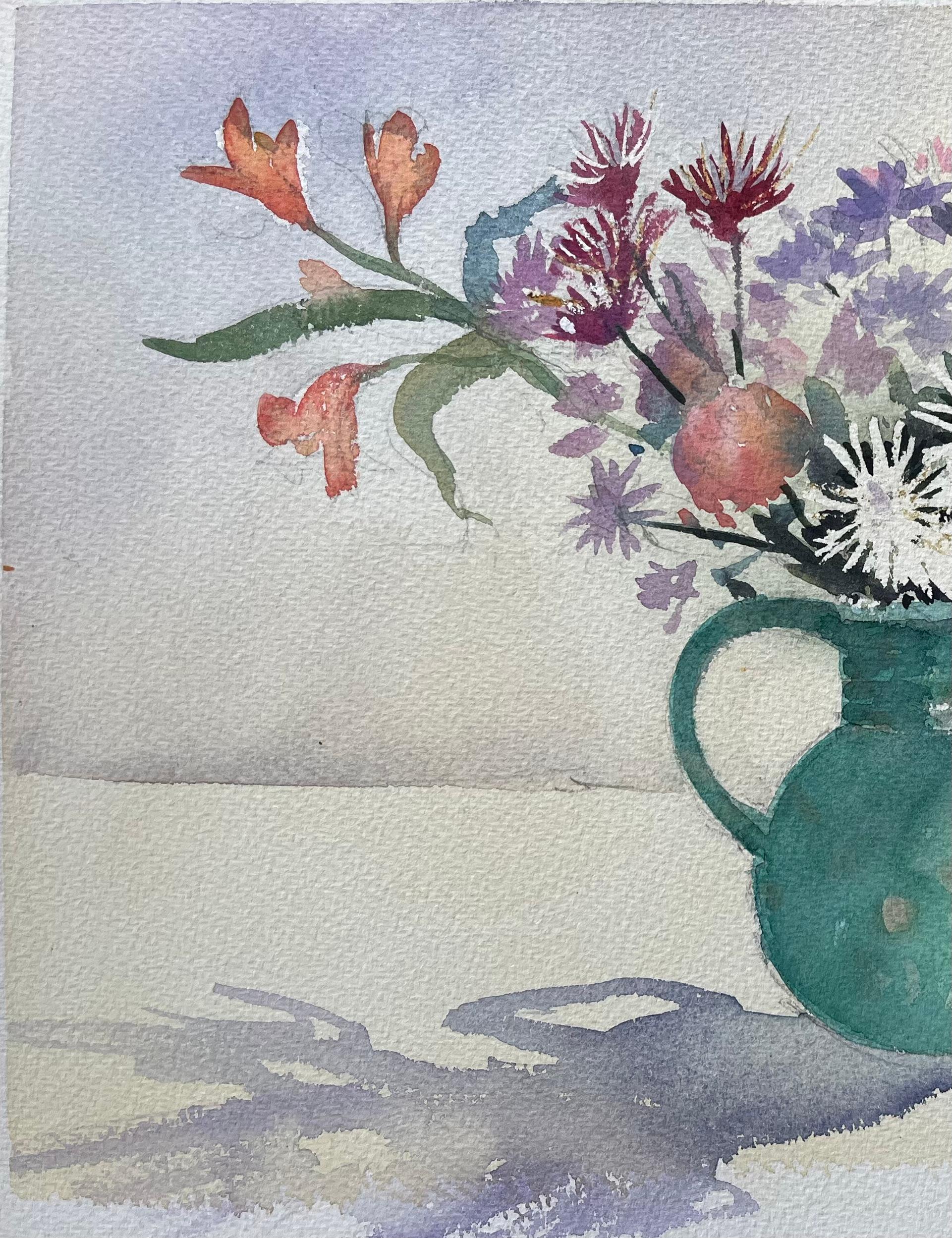 British Impressionist Watercolor Still Life of Floral Arrangement in Green Jug For Sale 2