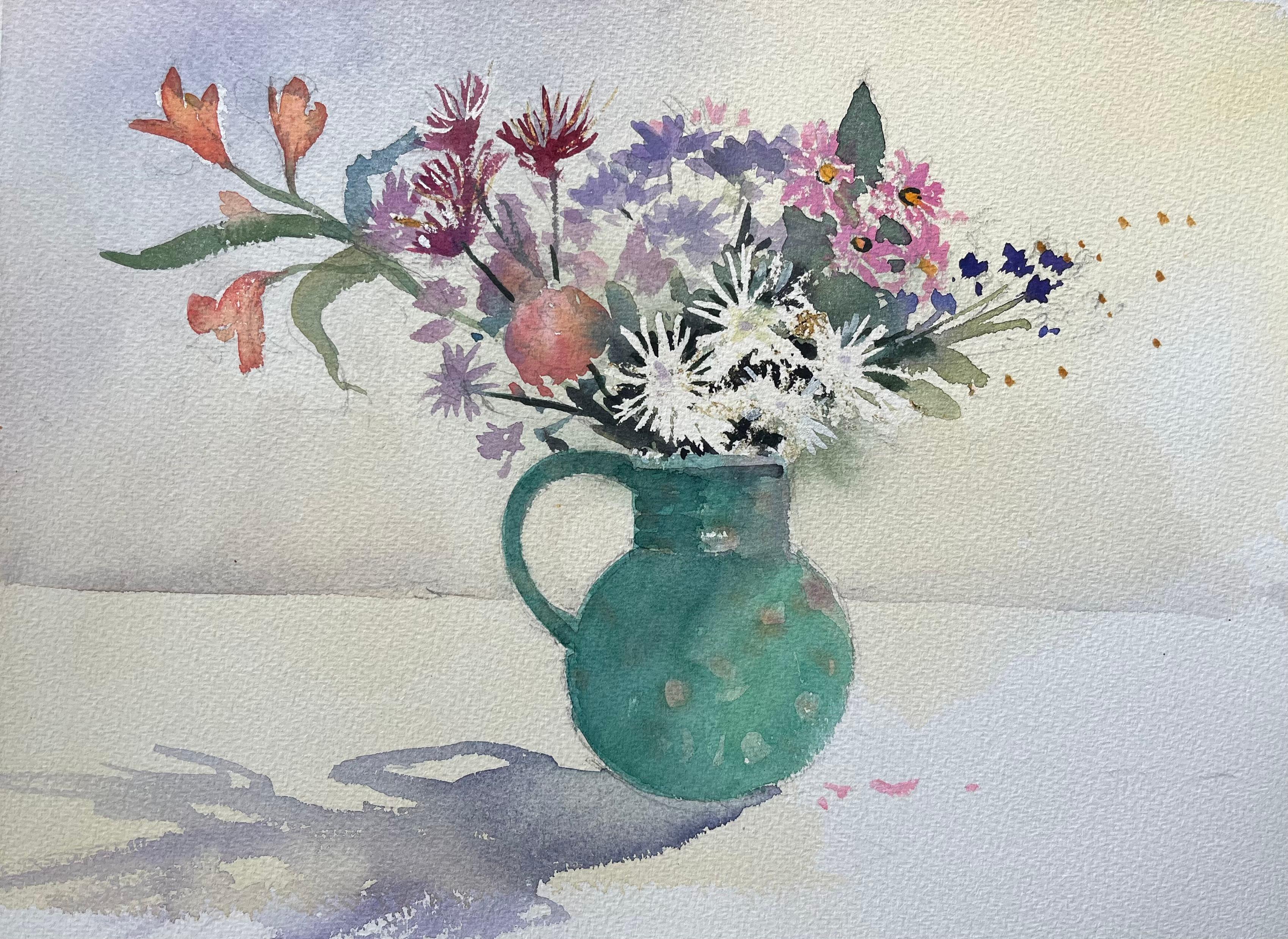 Anthony Avery Landscape Painting - British Impressionist Watercolor Still Life of Floral Arrangement in Green Jug