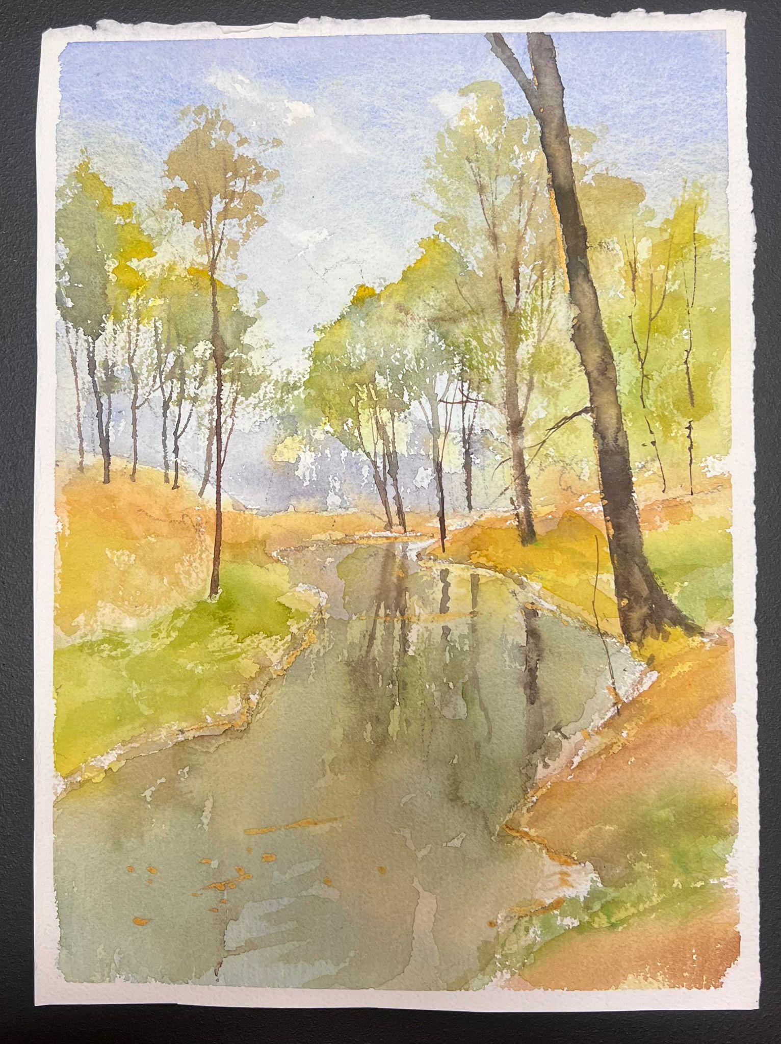 Acquerello impressionista britannico Ruscello estivo che attraversa il bosco - Painting di Anthony Avery