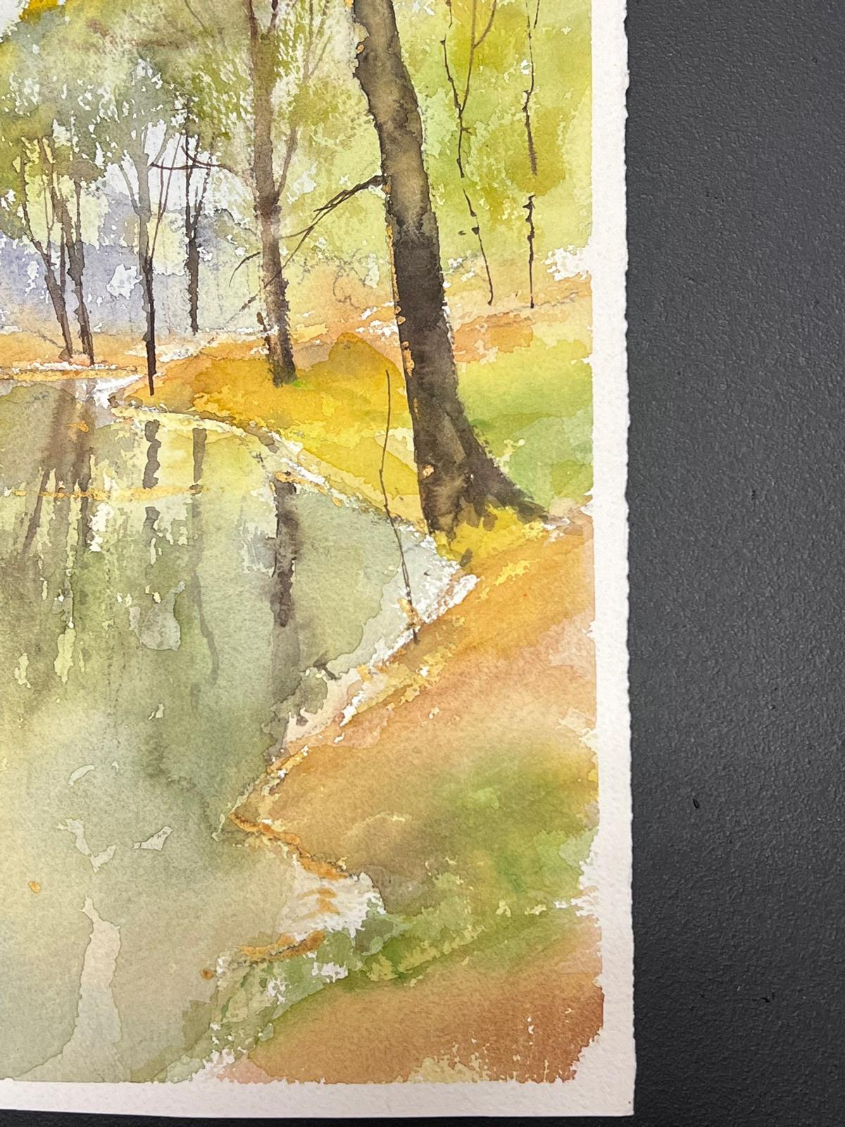 Acquerello impressionista britannico Ruscello estivo che attraversa il bosco - Landscape Painting Marrone di Anthony Avery