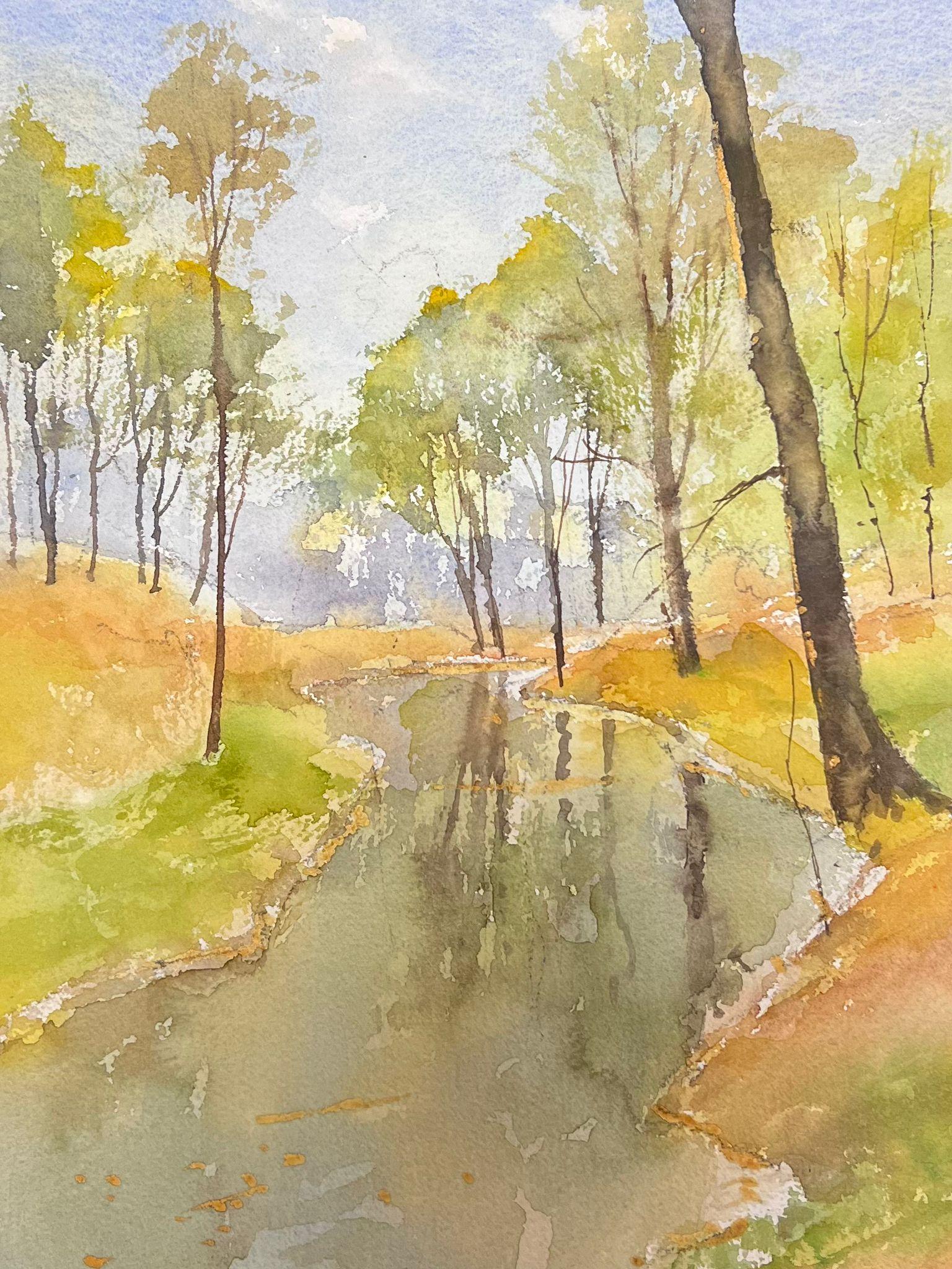 Landscape Painting di Anthony Avery - Acquerello impressionista britannico Ruscello estivo che attraversa il bosco