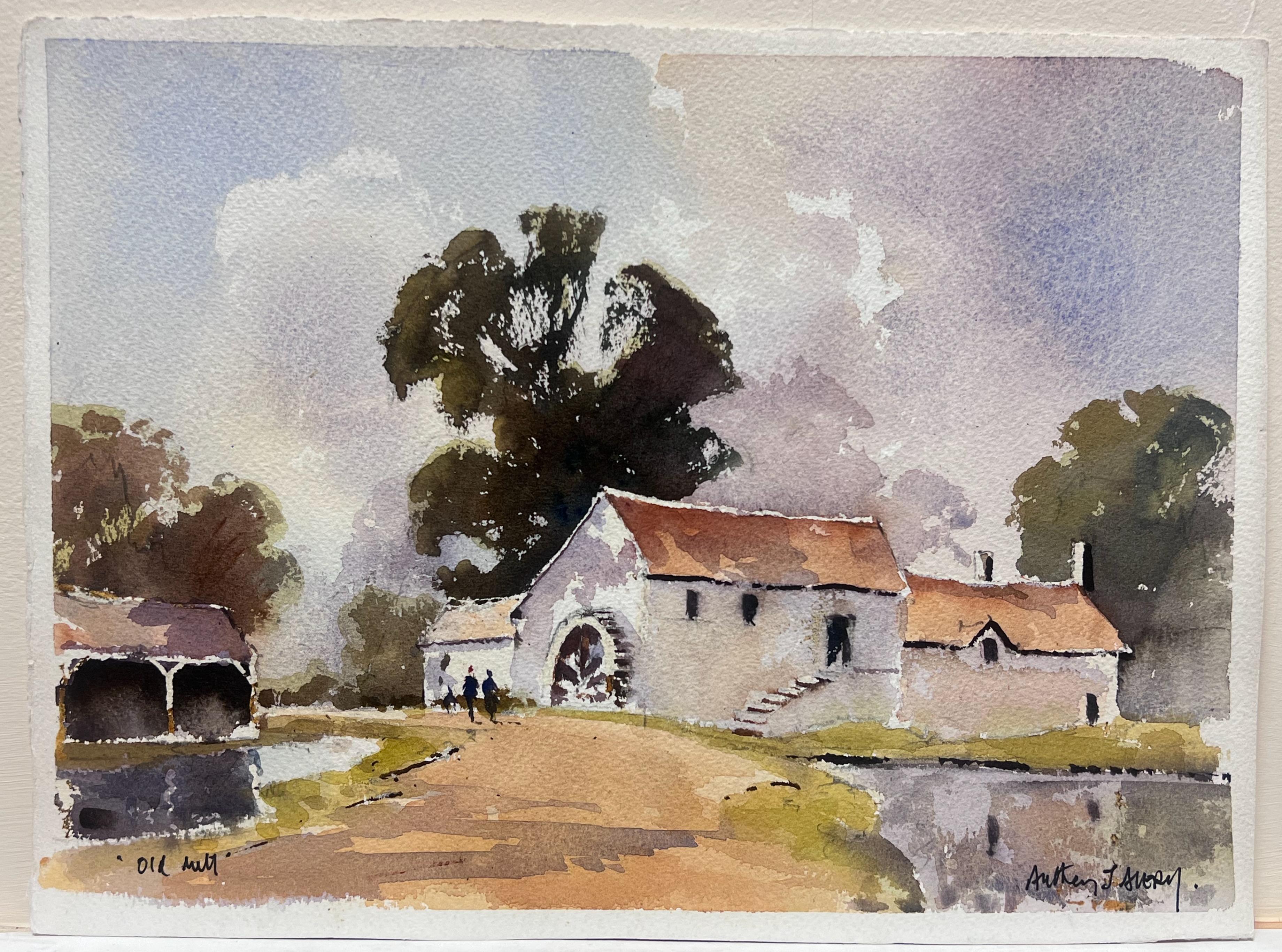 British Impressionist Watercolor Water Mill House Down The Country Track - Painting by Anthony Avery