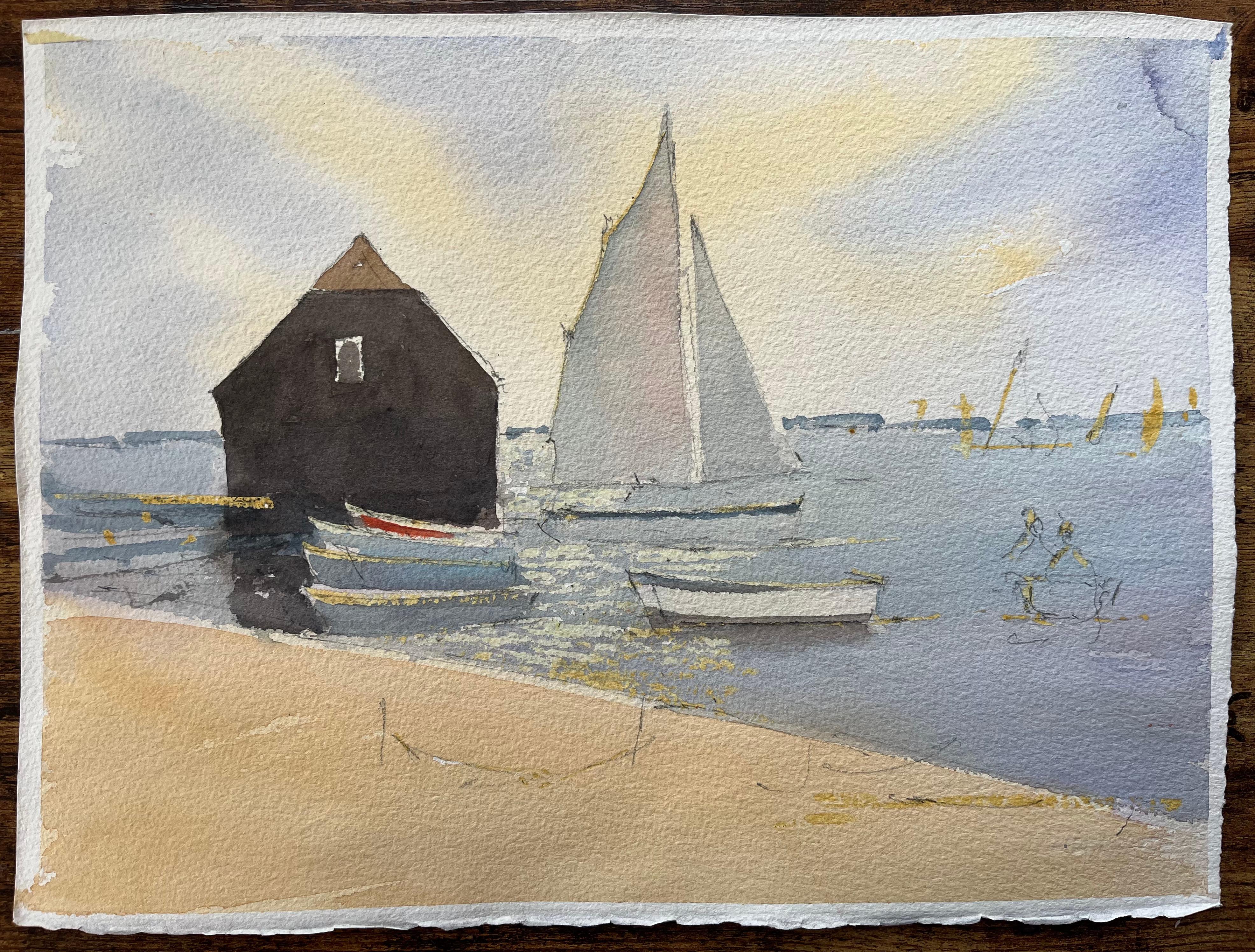 Britisches impressionistisches Aquarell, Wasserfront-Szene mit Segelbooten und Bootshaus, British Impressionismus – Painting von Anthony Avery