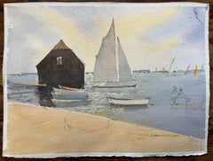 Aquarelle impressionniste britannique, scène de front de mer avec voiliers et bateaux