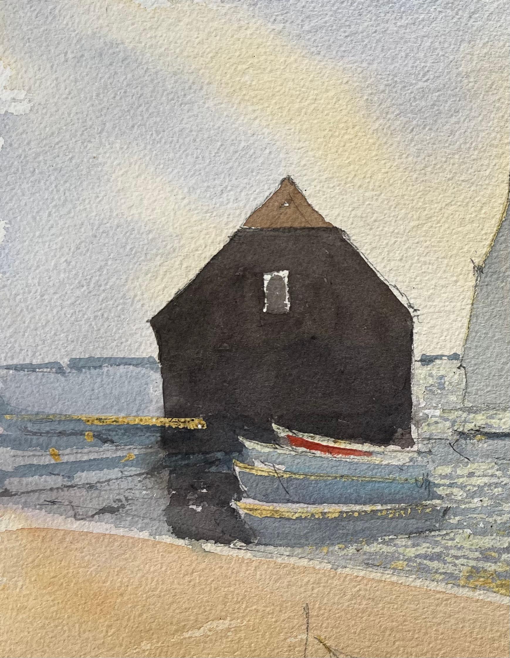 Britisches impressionistisches Aquarell, Wasserfront-Szene mit Segelbooten und Bootshaus, British Impressionismus (Grau), Landscape Painting, von Anthony Avery