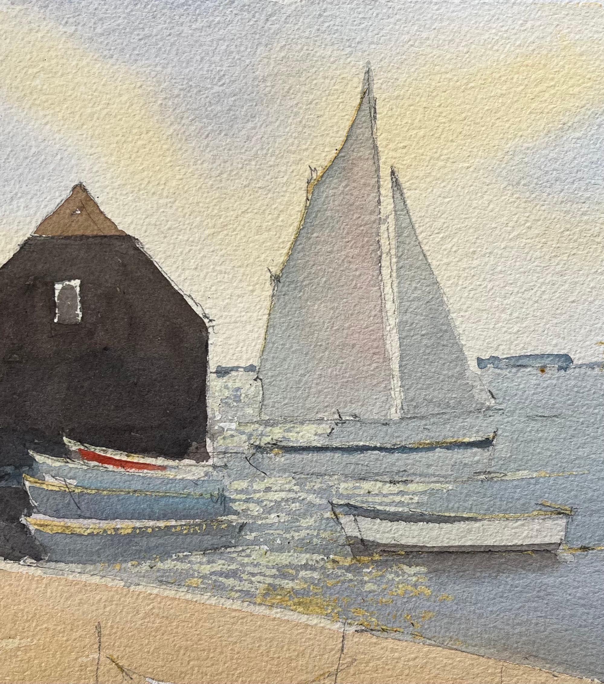 Titel: Aquarell eines britischen Impressionisten, Szene am Wasser mit Segelbooten und Bootshaus
von Anthony Avery (Brite 1946-2023)
Original-Aquarell auf Künstlerpapier, ungerahmt
Abmessungen: 11,25 x 15,25 Zoll (Höhe x Breite)
Zustand: Gut, mit