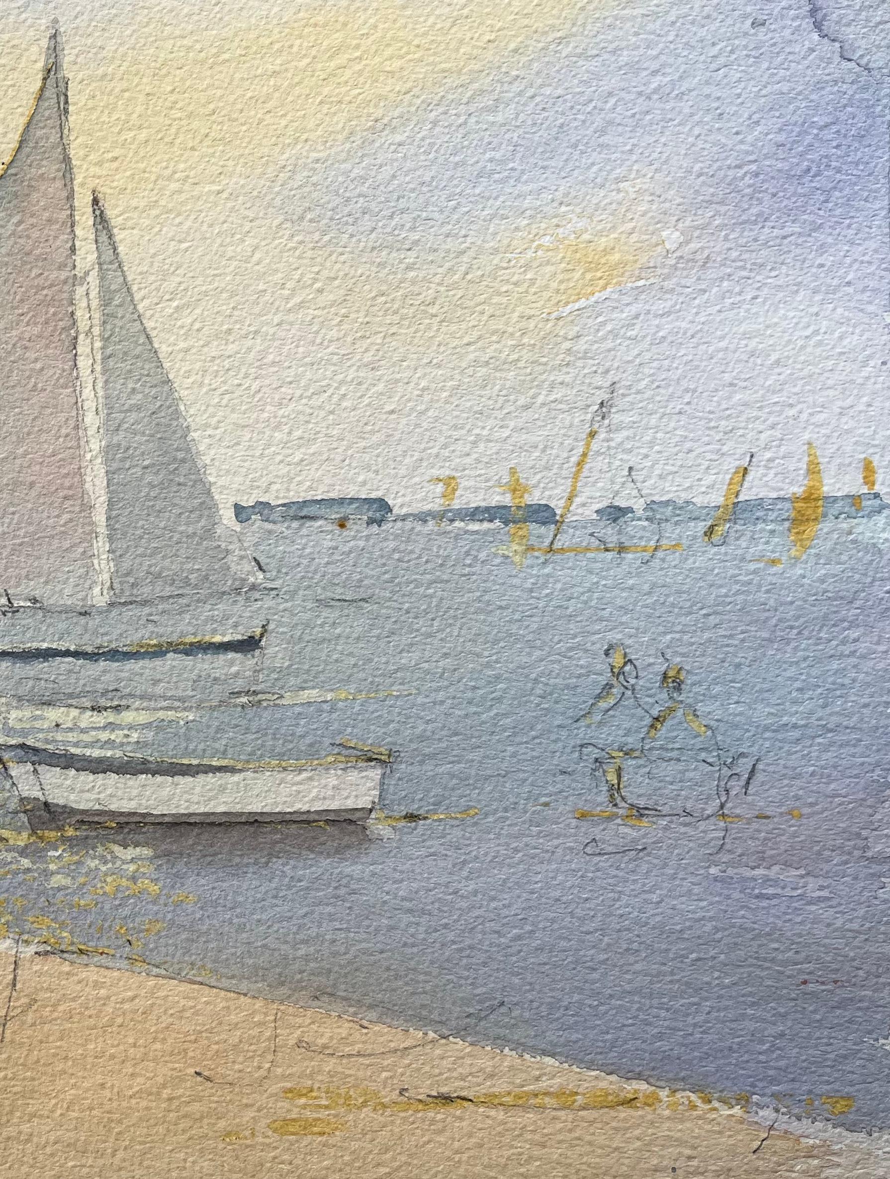 Britisches impressionistisches Aquarell, Wasserfront-Szene mit Segelbooten und Bootshaus, British Impressionismus im Angebot 1
