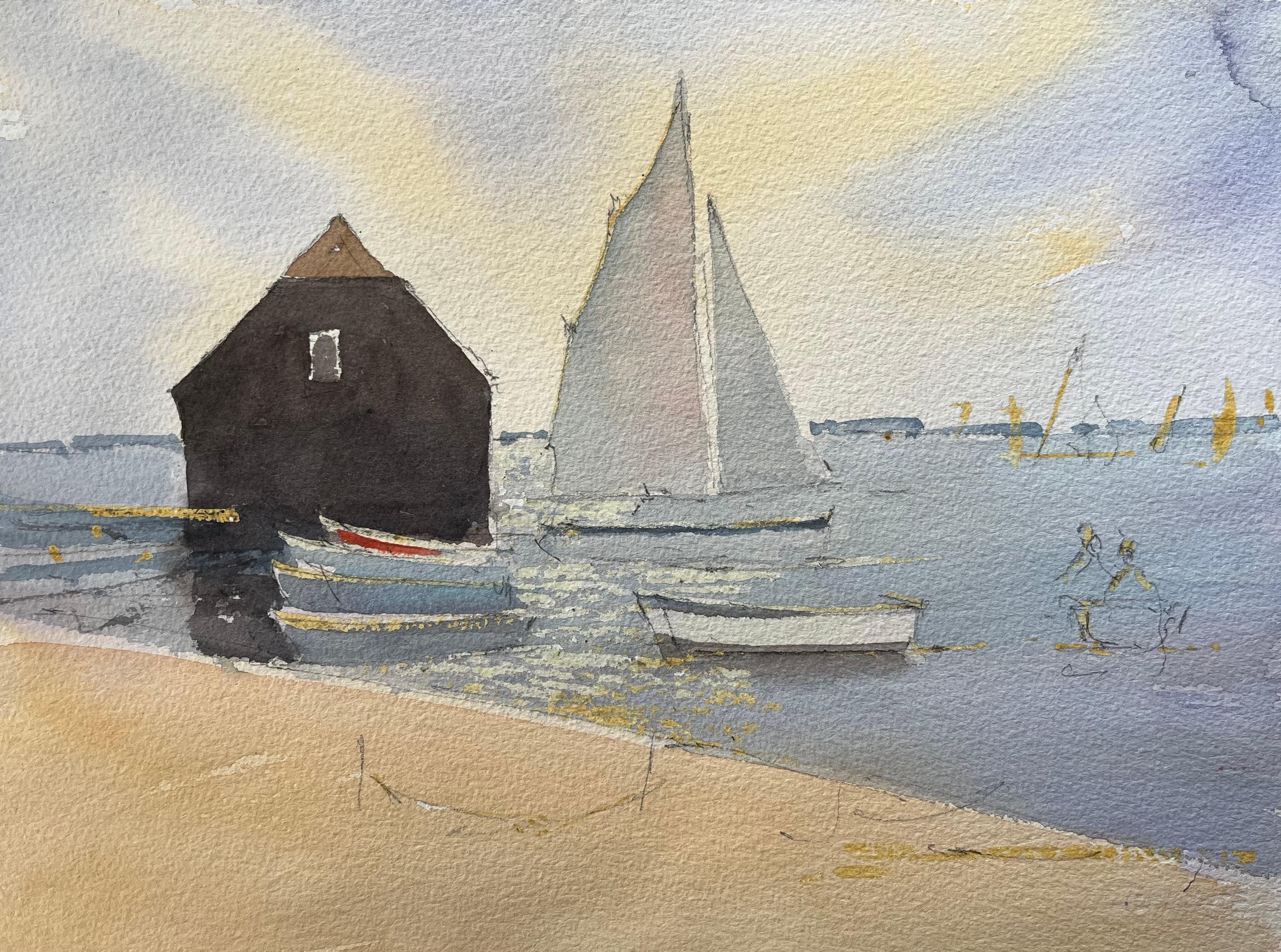 Britisches impressionistisches Aquarell, Wasserfront-Szene mit Segelbooten und Bootshaus, British Impressionismus