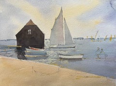 British Impressionist Watercolor, Waterfront Scene with Sailboats and Boathouse