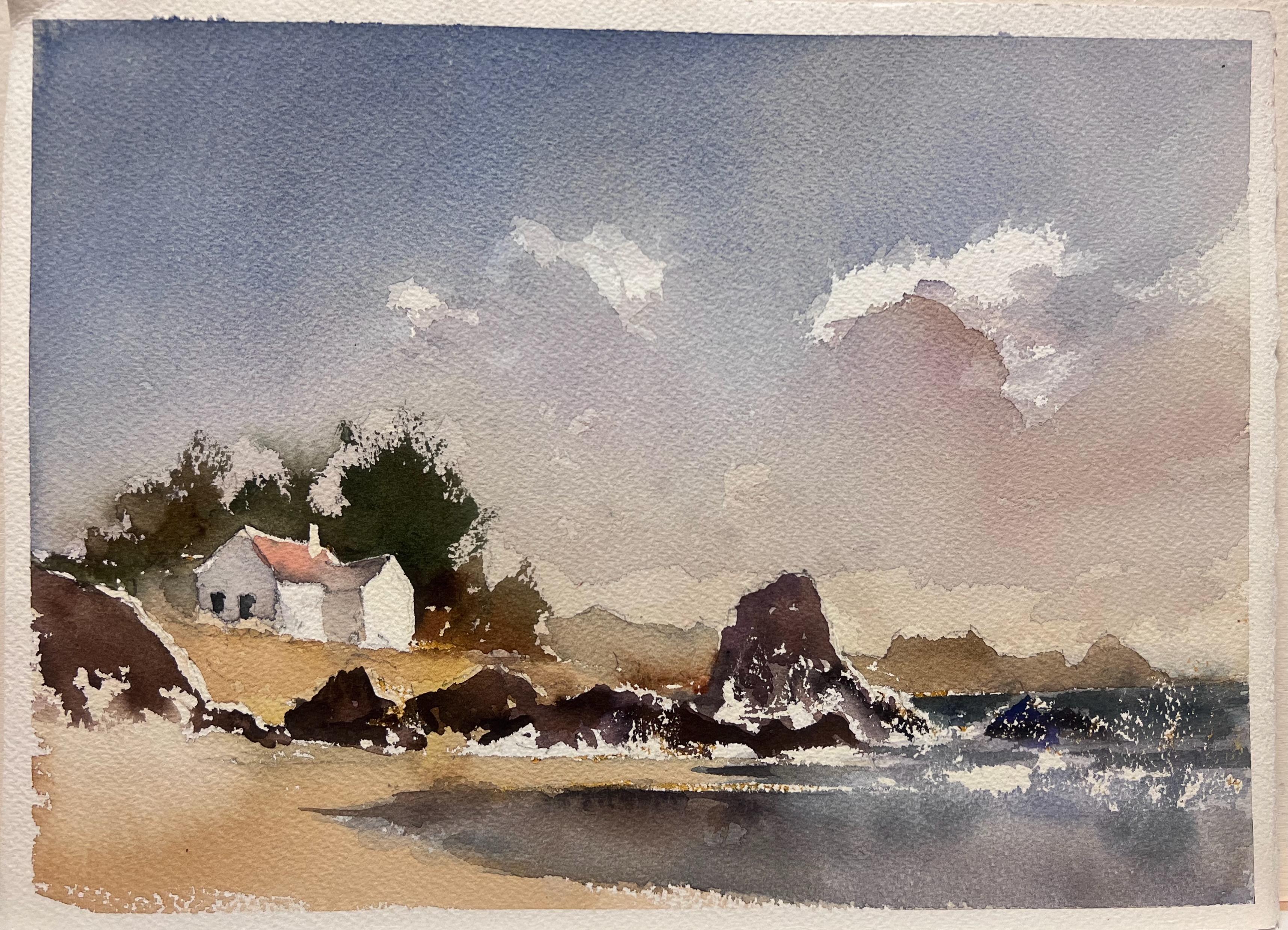 Britischer Impressionist Aquarell Weißes Küstenhaus mit Blick auf das Meer – Painting von Anthony Avery