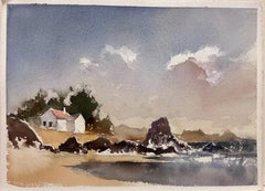 British Impressionist Watercolor White Coastal House Overlooking The Sea