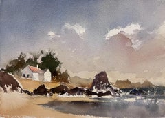 British Impressionist Watercolor White Coastal House Overlooking The Sea