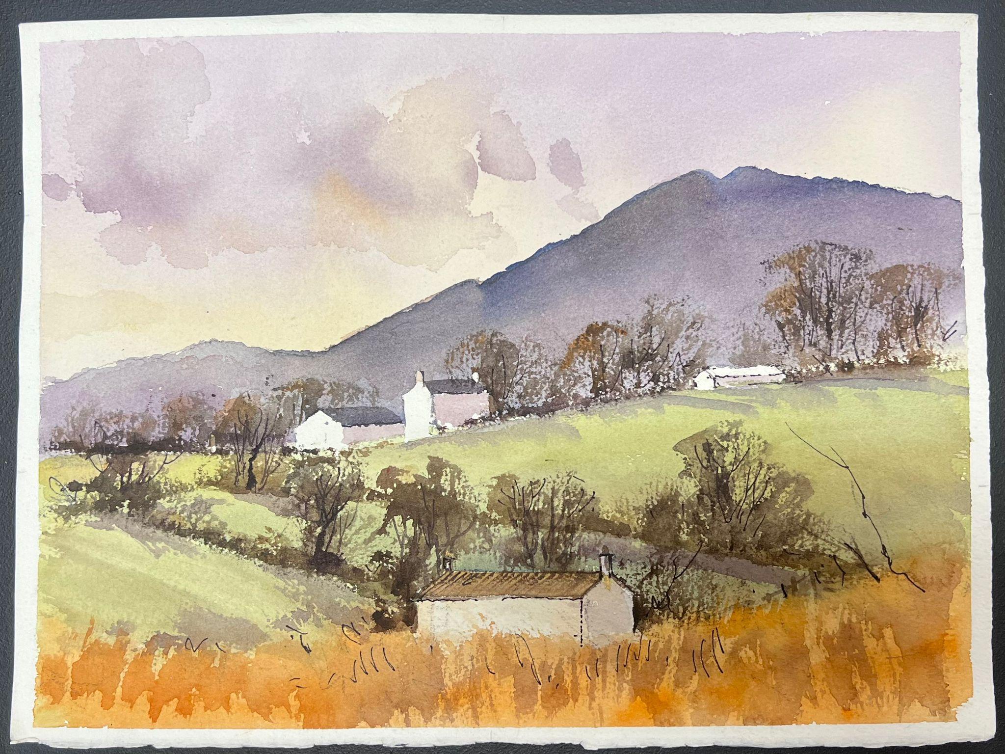 British Impressionist Watercolor White Houses In Purple Mountain Landscape - Painting by Anthony Avery